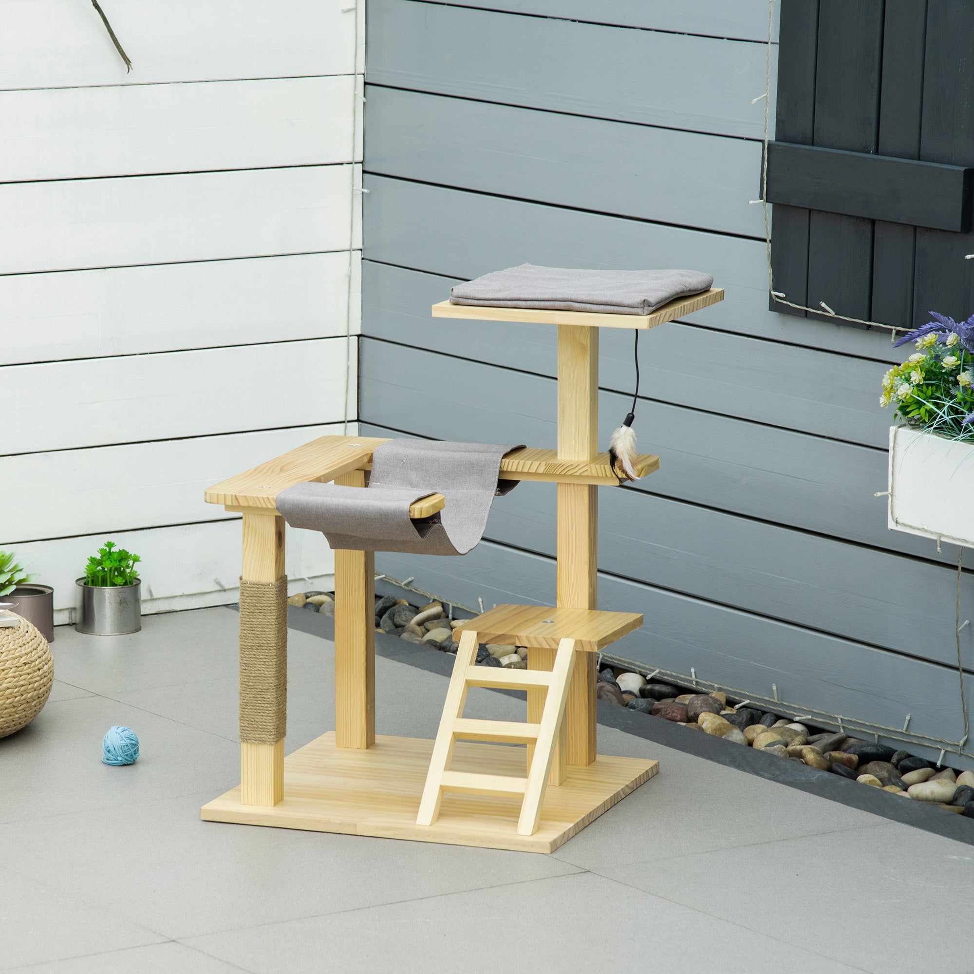 PawHut 25.5" Cat Tree Kitty Tower Activity Center Pinewood Cat Climbing Toy Indoor Outdoor Pet Furniture with Jute Scratching Post Bed Perch Hanging Toy Ladder Cushion Natural