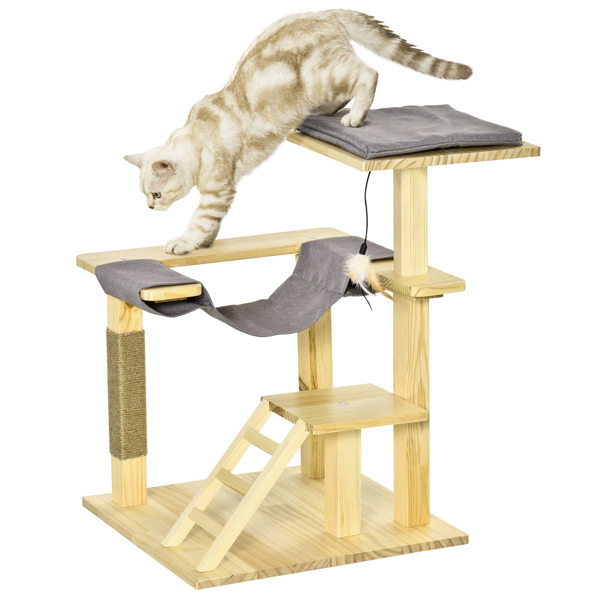 PawHut 25.5" Cat Tree Kitty Tower Activity Center Pinewood Cat Climbing Toy Indoor Outdoor Pet Furniture with Jute Scratching Post Bed Perch Hanging Toy Ladder Cushion Natural