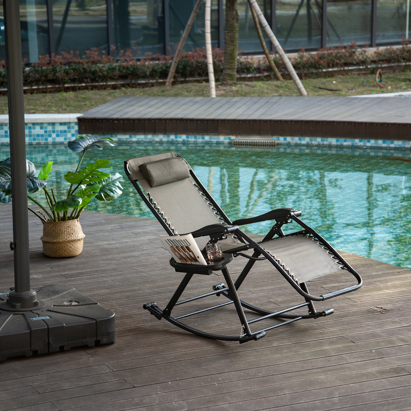 Outsunny 2 in 1 Adjustable Zero Gravity Reclining Lounge Chair Garden Recliner and Rocker Foldable Sun Lounger Napping Seat w/ Headrest & Tray Grey