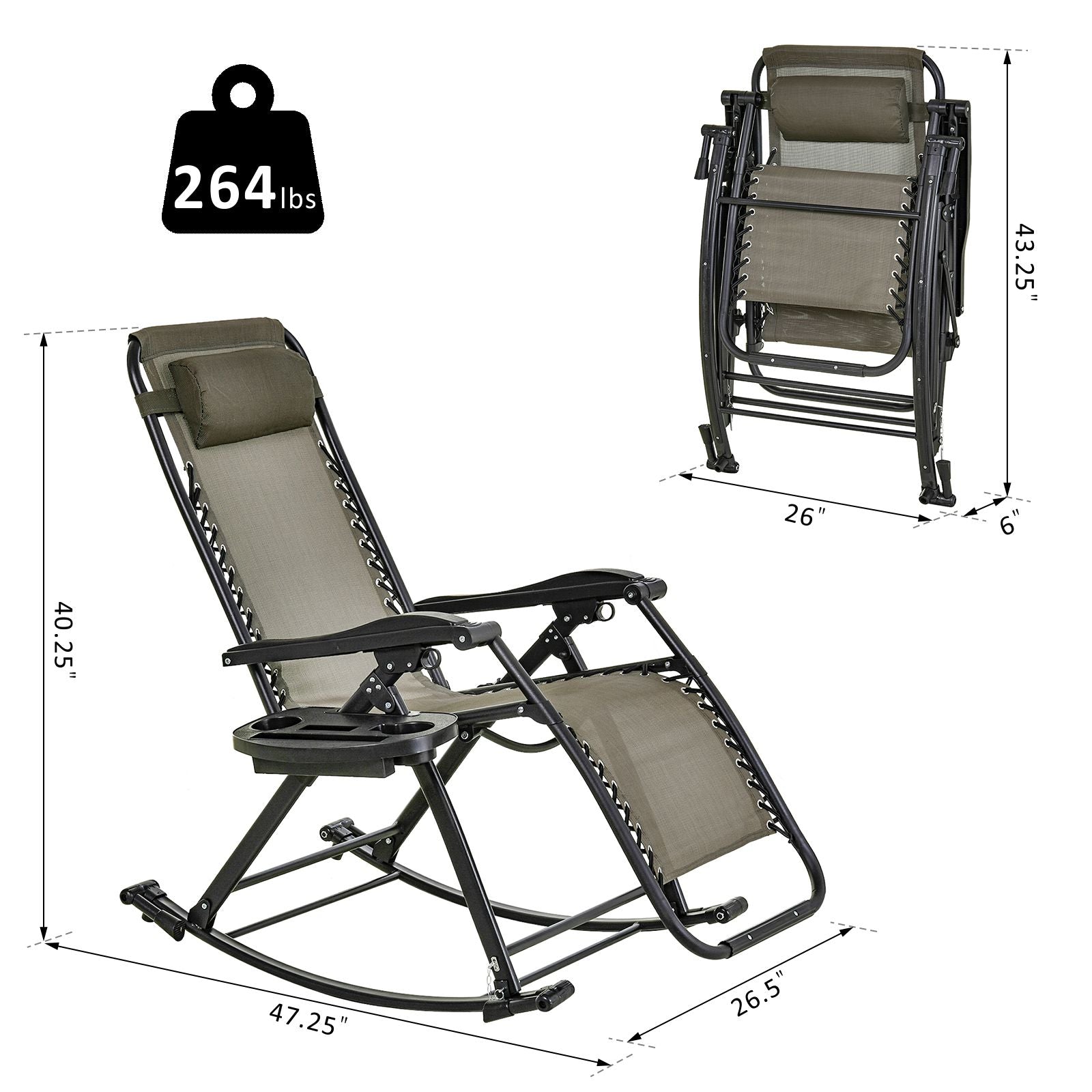 Outsunny 2 in 1 Adjustable Zero Gravity Reclining Lounge Chair Garden Recliner and Rocker Foldable Sun Lounger Napping Seat w/ Headrest & Tray Grey