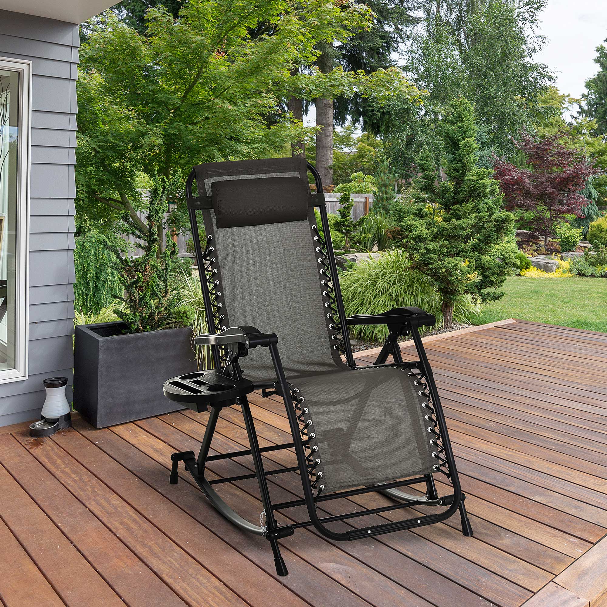 Outsunny 2 in 1 Adjustable Zero Gravity Reclining Lounge Chair Garden Recliner and Rocker Foldable Sun Lounger Napping Seat w/ Headrest & Tray Grey