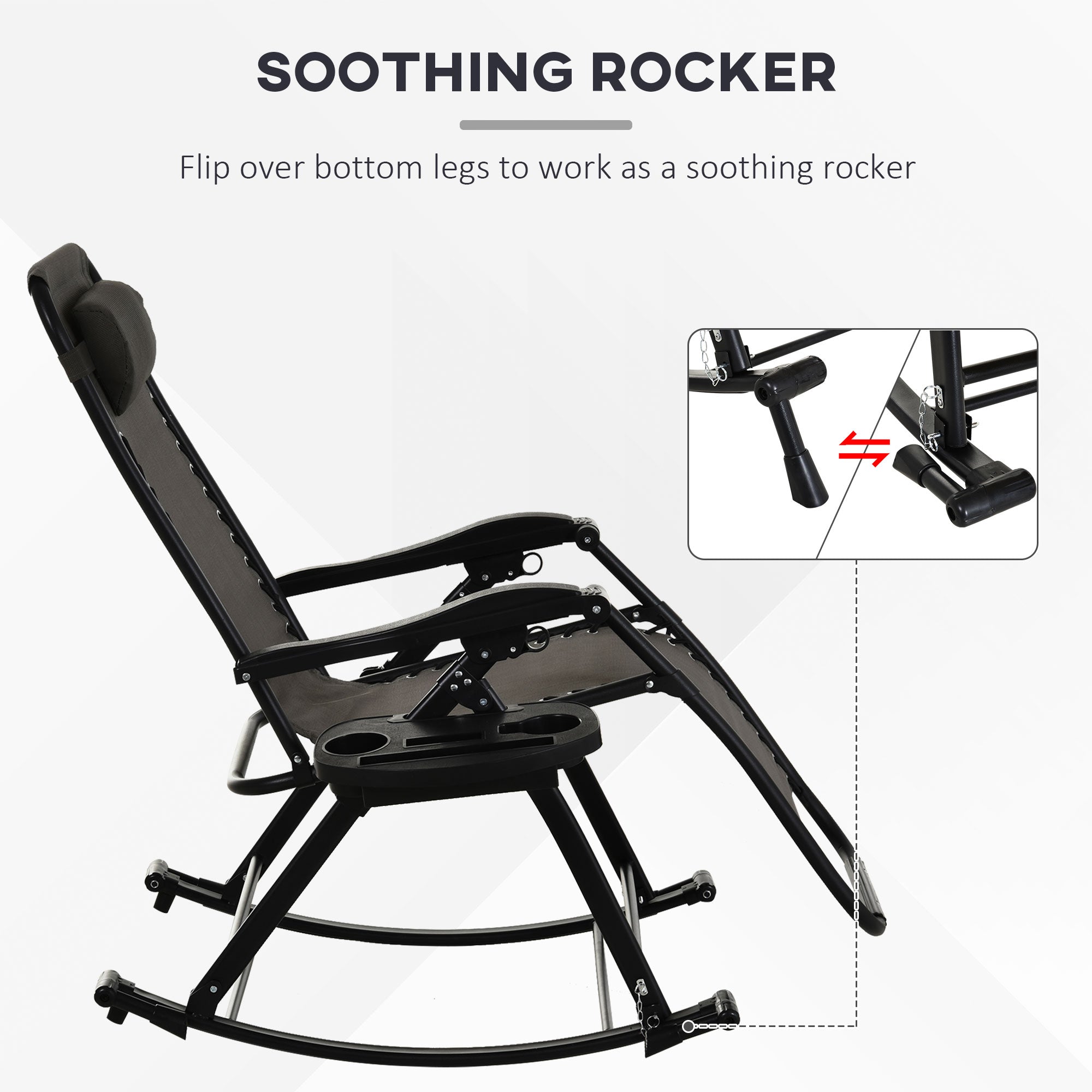 Outsunny 2 in 1 Adjustable Zero Gravity Reclining Lounge Chair Garden Recliner and Rocker Foldable Sun Lounger Napping Seat w/ Headrest & Tray Grey