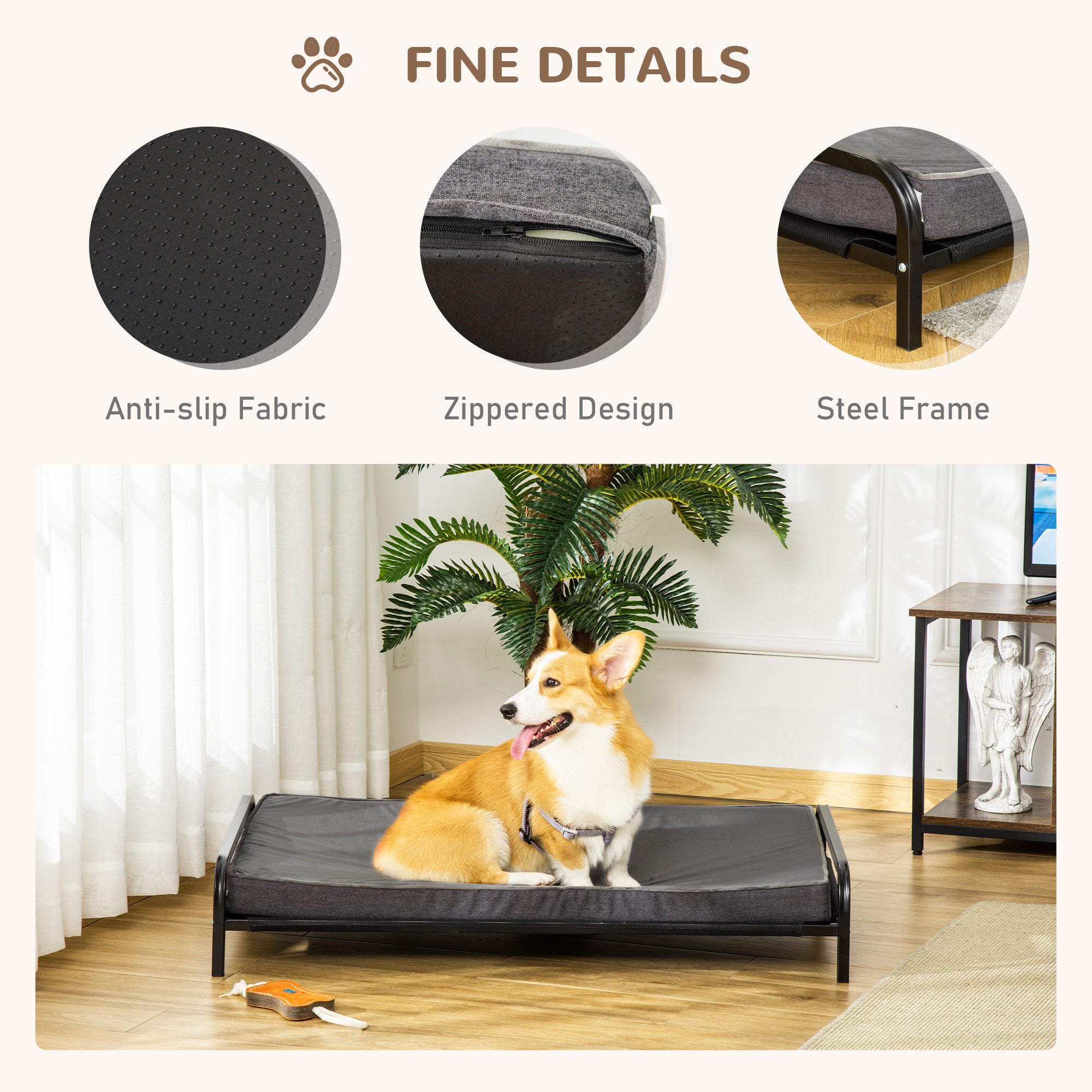 PawHut 2-IN-1 Elevated Pet Bed for Large & Medium-Sized Dog Steel Frame Removable Sponge Cushion Breathable Linen Fabric, Grey, 43.25"x25.5"x7.75"