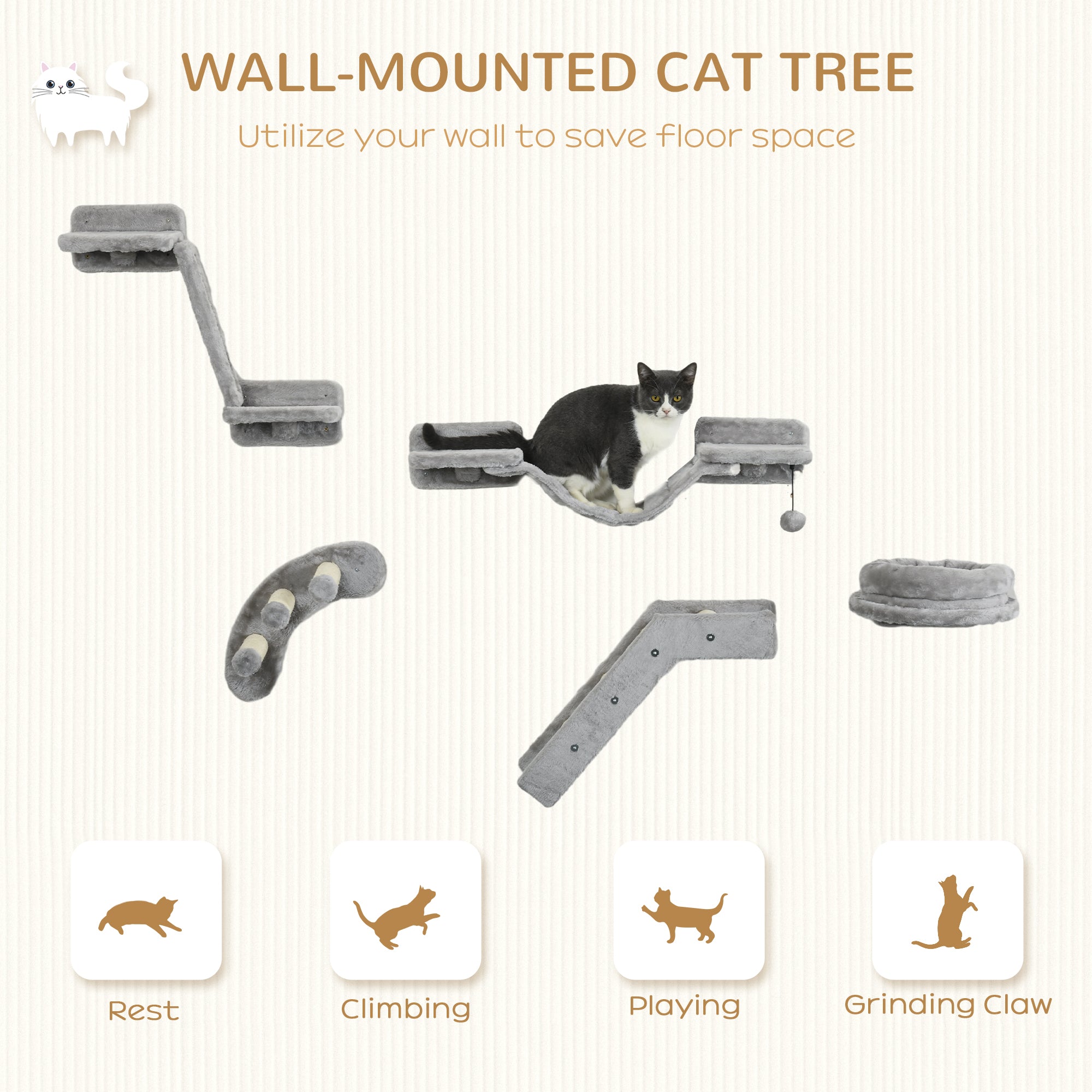 PawHut 5Pcs Cat Wall Shelf with Scratching Post, Cat Wall Shelves for Relaxing, Climbing, Cat Wall With Soft Ladder, Cat Bed, Play Ball, Grey