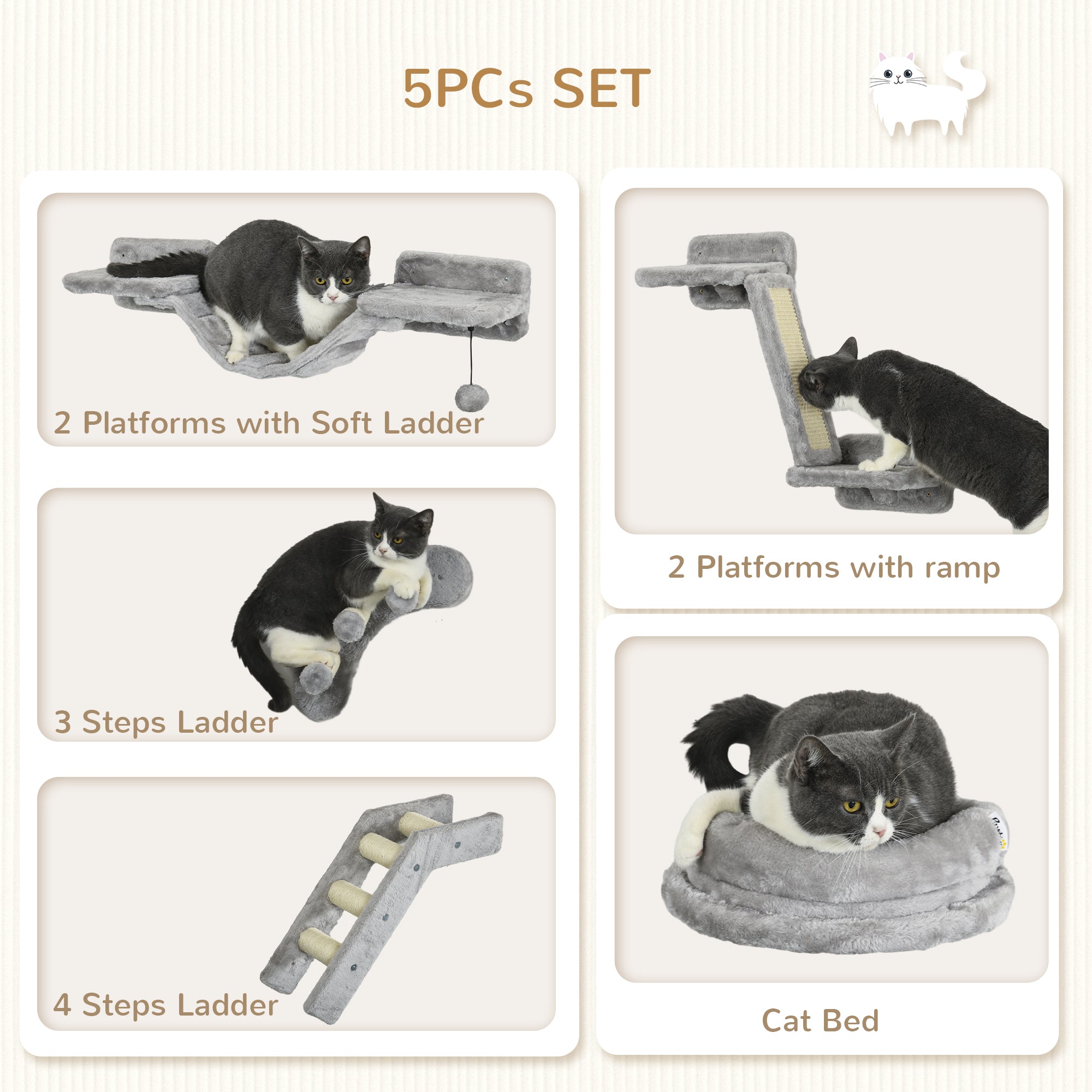 PawHut 5Pcs Cat Wall Shelf with Scratching Post, Cat Wall Shelves for Relaxing, Climbing, Cat Wall With Soft Ladder, Cat Bed, Play Ball, Grey