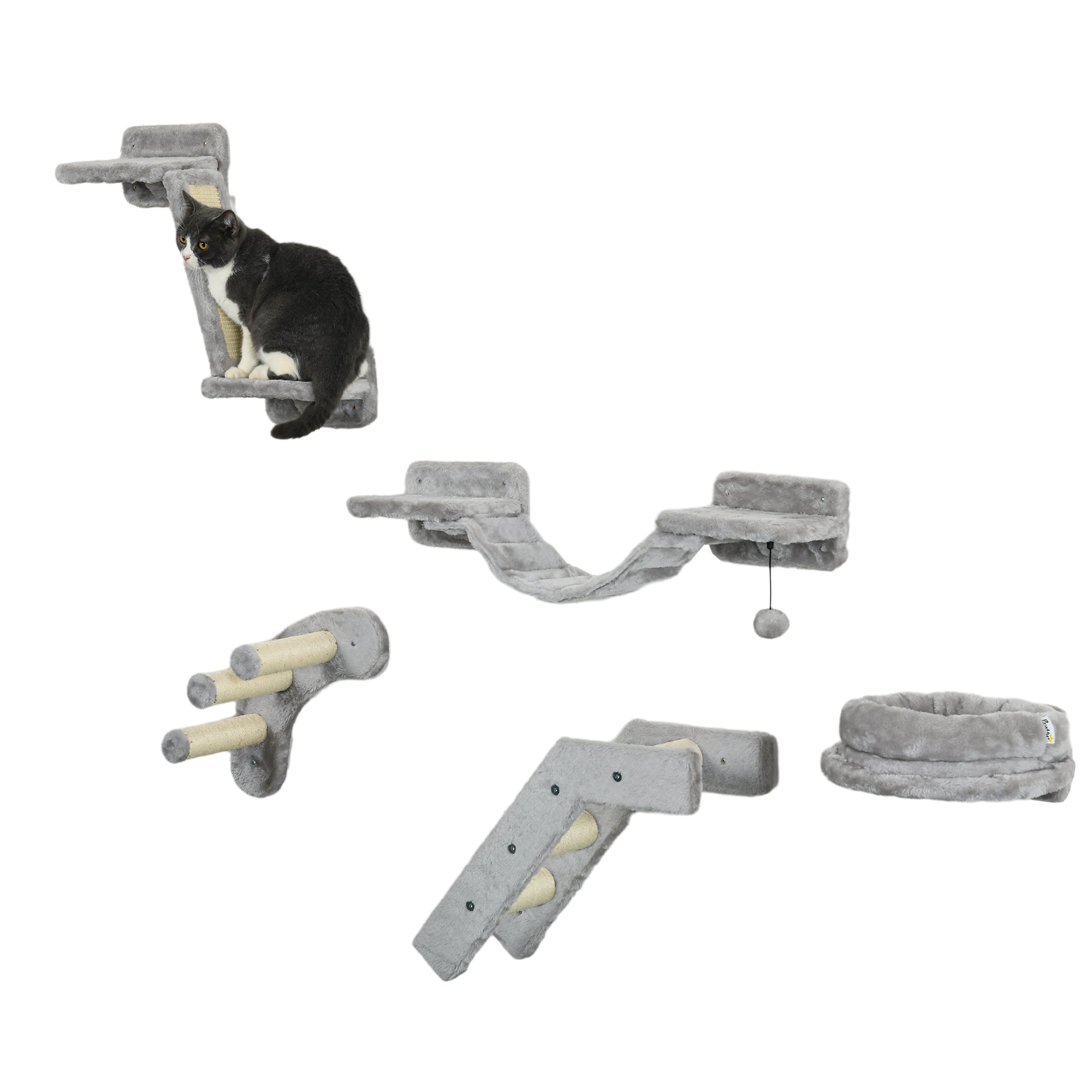 PawHut 5Pcs Cat Wall Shelf with Scratching Post, Cat Wall Shelves for Relaxing, Climbing, Cat Wall With Soft Ladder, Cat Bed, Play Ball, Grey