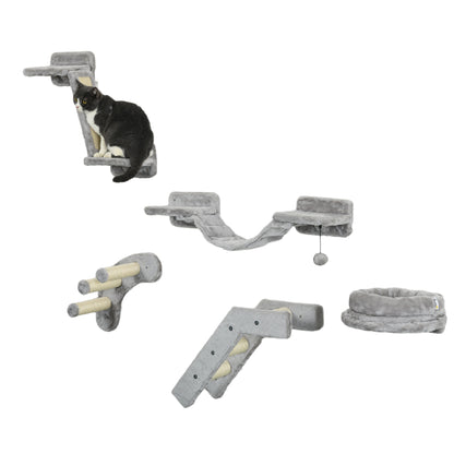 PawHut 5Pcs Cat Wall Shelf with Scratching Post, Cat Wall Shelves for Relaxing, Climbing, Cat Wall With Soft Ladder, Cat Bed, Play Ball, Grey