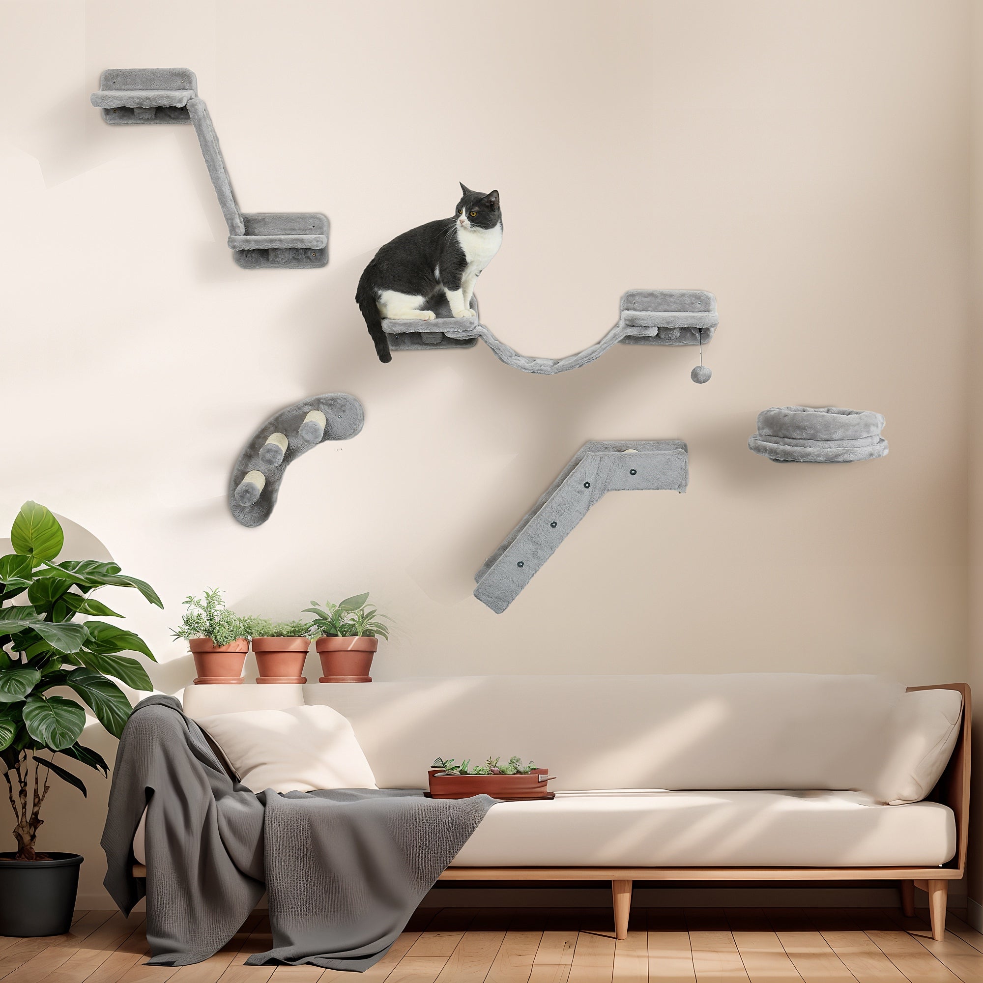 PawHut 5Pcs Cat Wall Shelf with Scratching Post, Cat Wall Shelves for Relaxing, Climbing, Cat Wall With Soft Ladder, Cat Bed, Play Ball, Grey