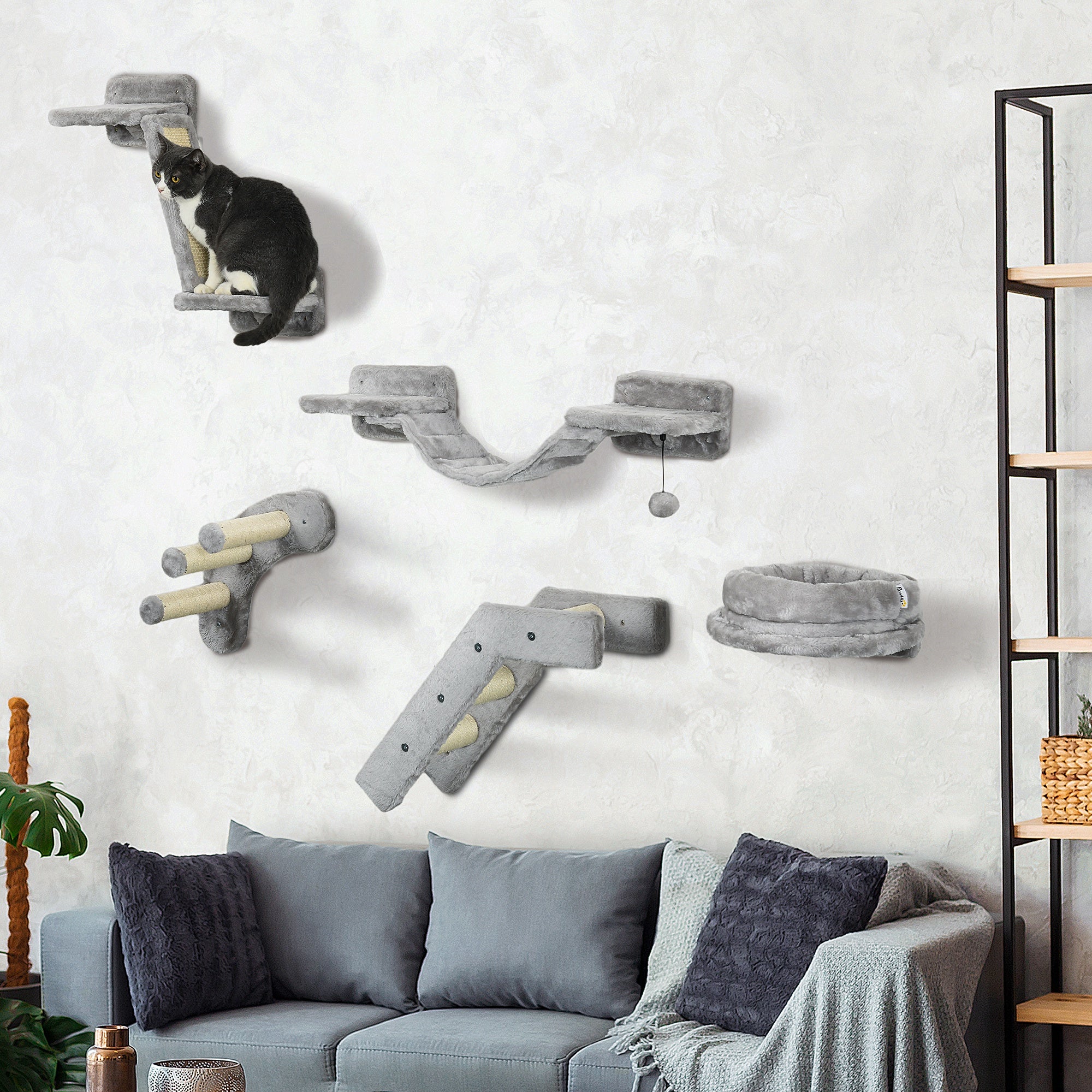 PawHut 5Pcs Cat Wall Shelf with Scratching Post, Cat Wall Shelves for Relaxing, Climbing, Cat Wall With Soft Ladder, Cat Bed, Play Ball, Grey