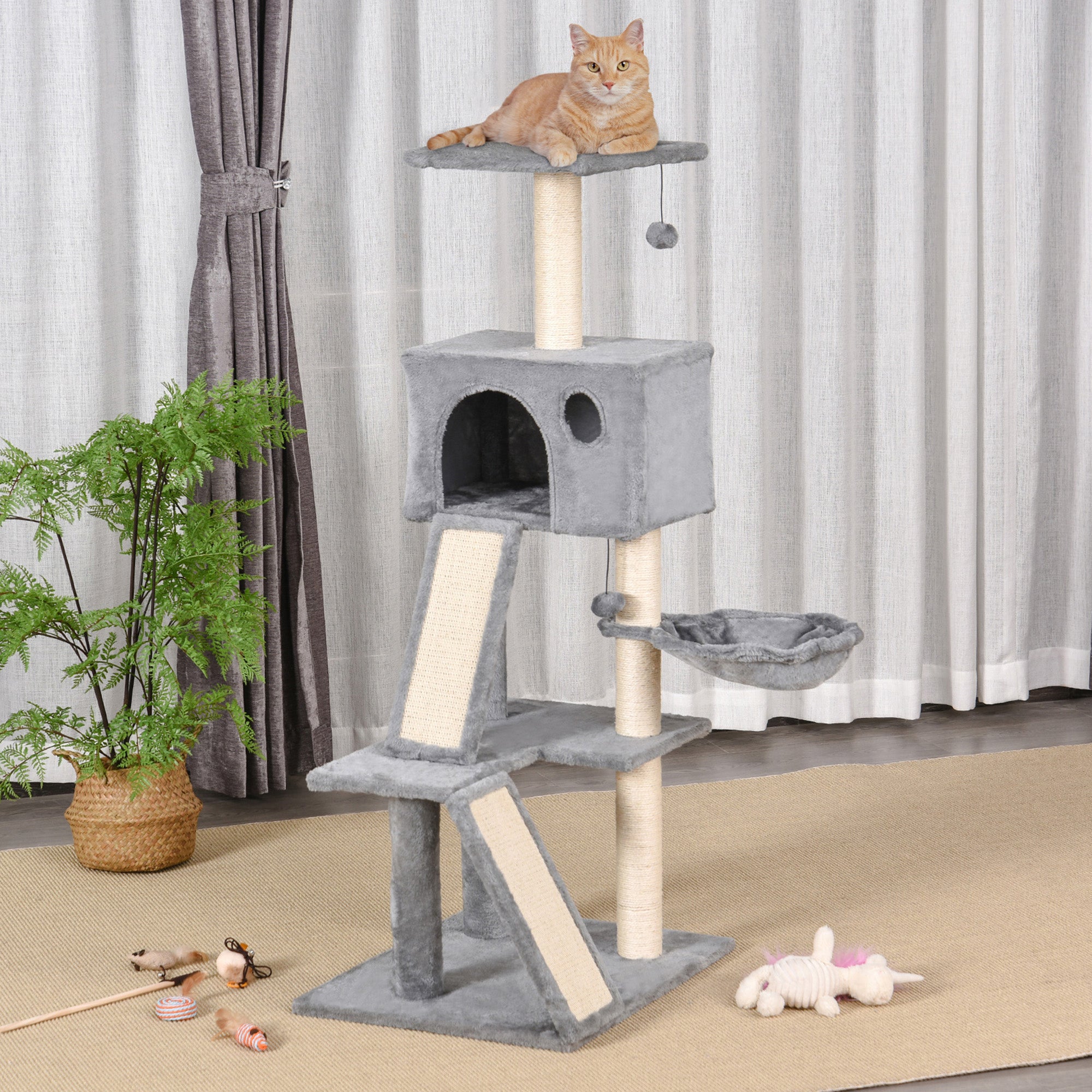 PawHut 130cm Cat Tree for Indoor Cats Activity Center with Condo Scratching Post Ladders Kitty Climbing Tower Relaxing Playing