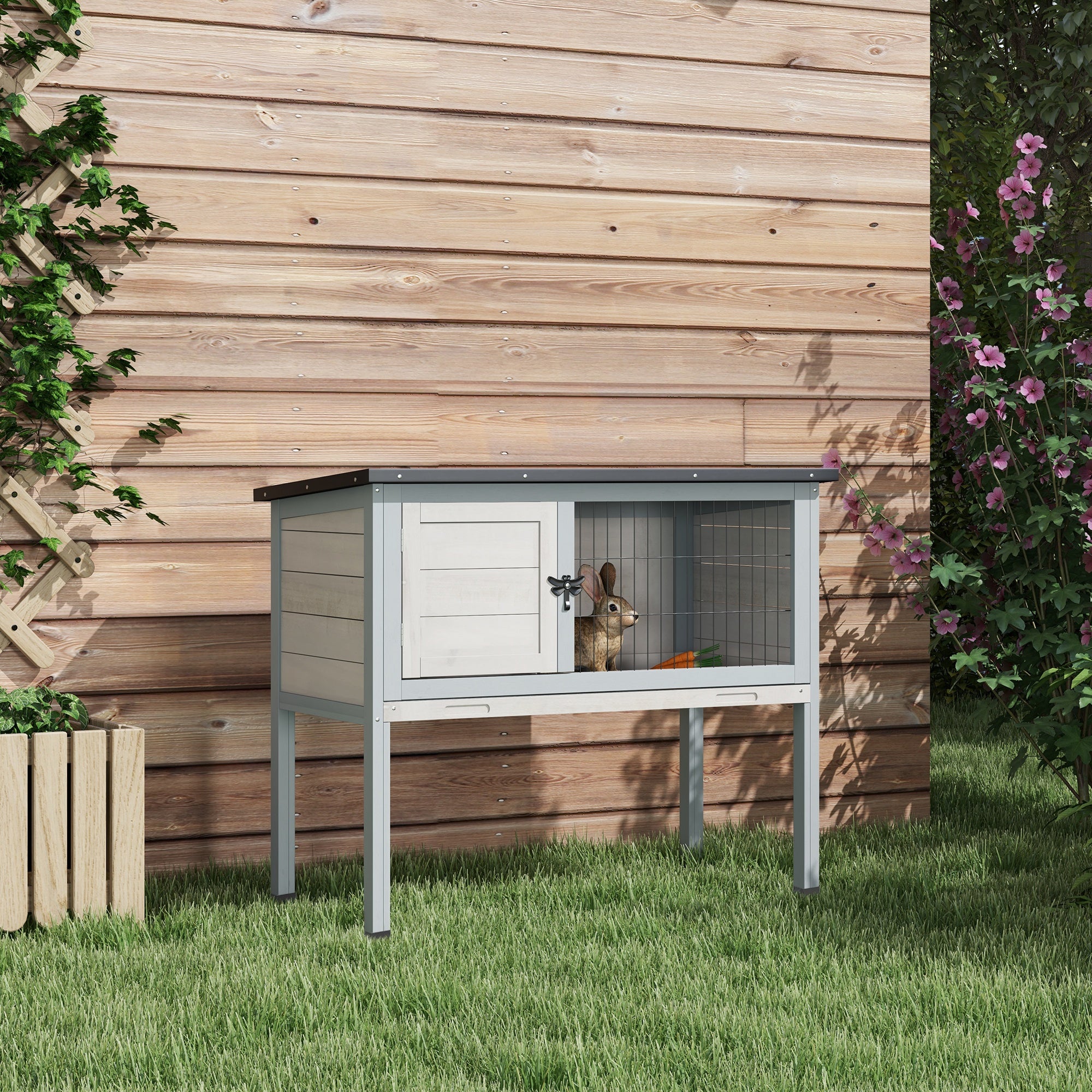 PawHut Elevated Wooden Rabbit Hutch, Indoor/Outdoor Bunny Cage with Hinged Asphalt Roof and Removable Tray for Guinea Pig, Gray