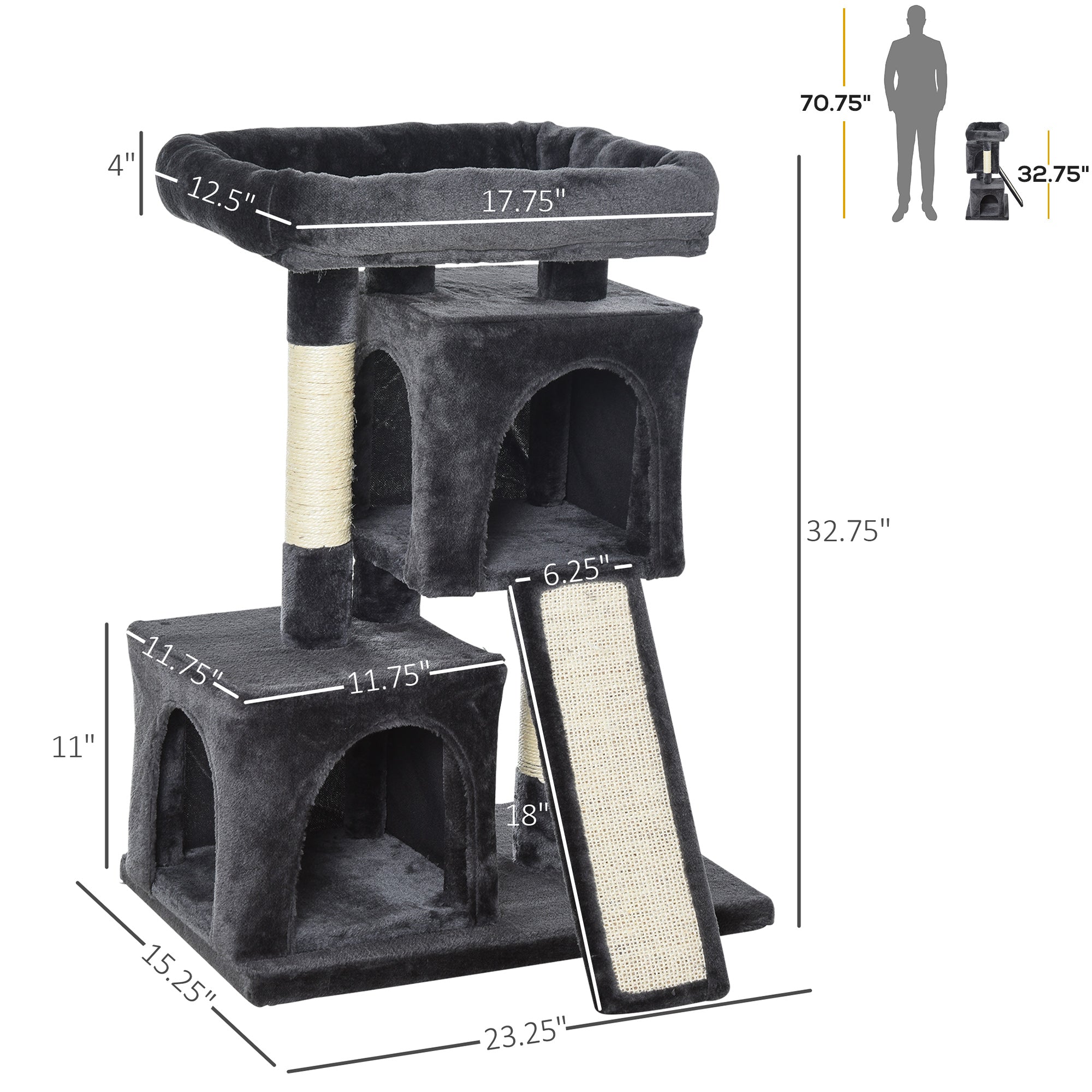 PawHut Plush Cat Tree Tower Activity Center with Sisal Scratching Post Scratching Board Perch Condo, Dark Grey