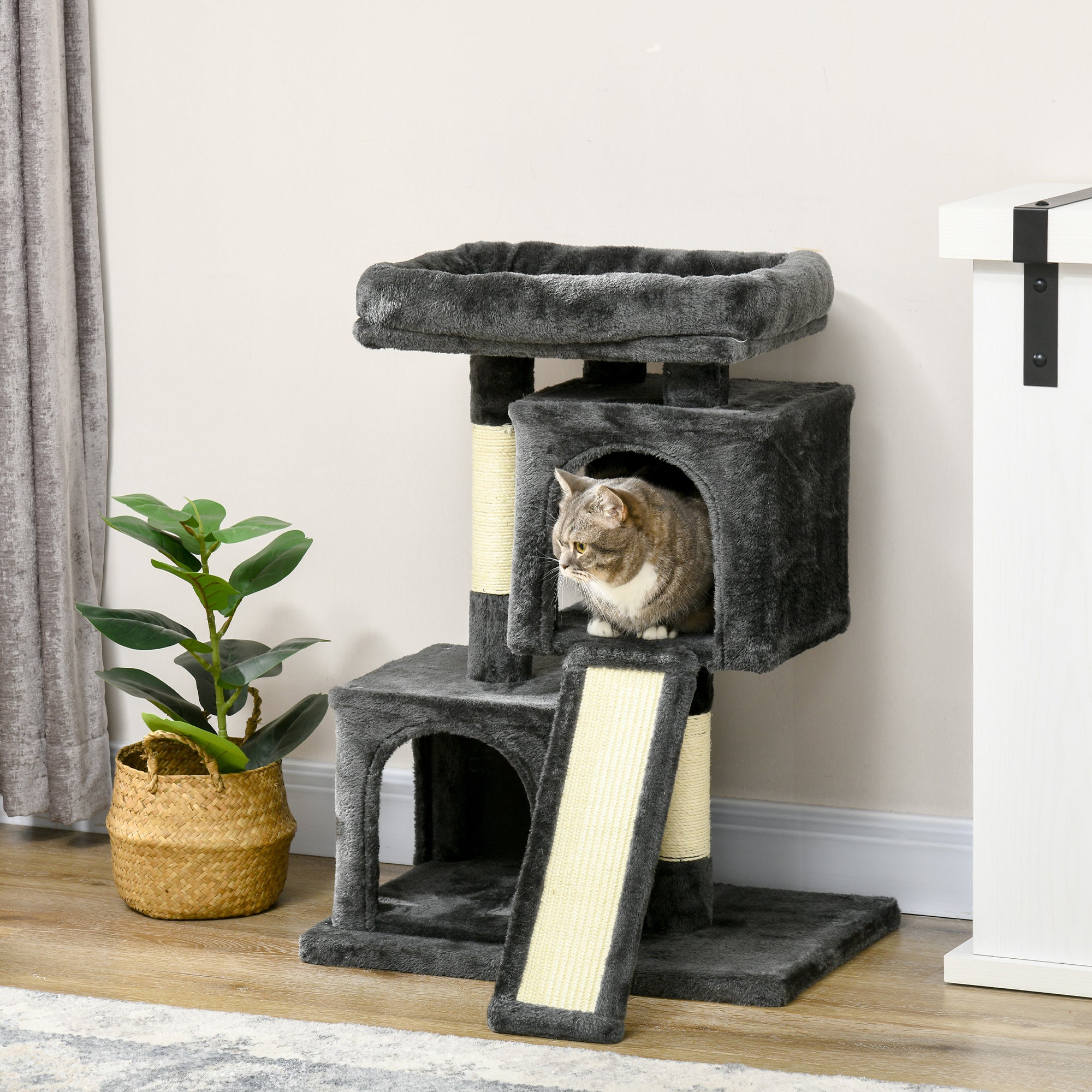 PawHut Plush Cat Tree Tower Activity Center with Sisal Scratching Post Scratching Board Perch Condo, Dark Grey