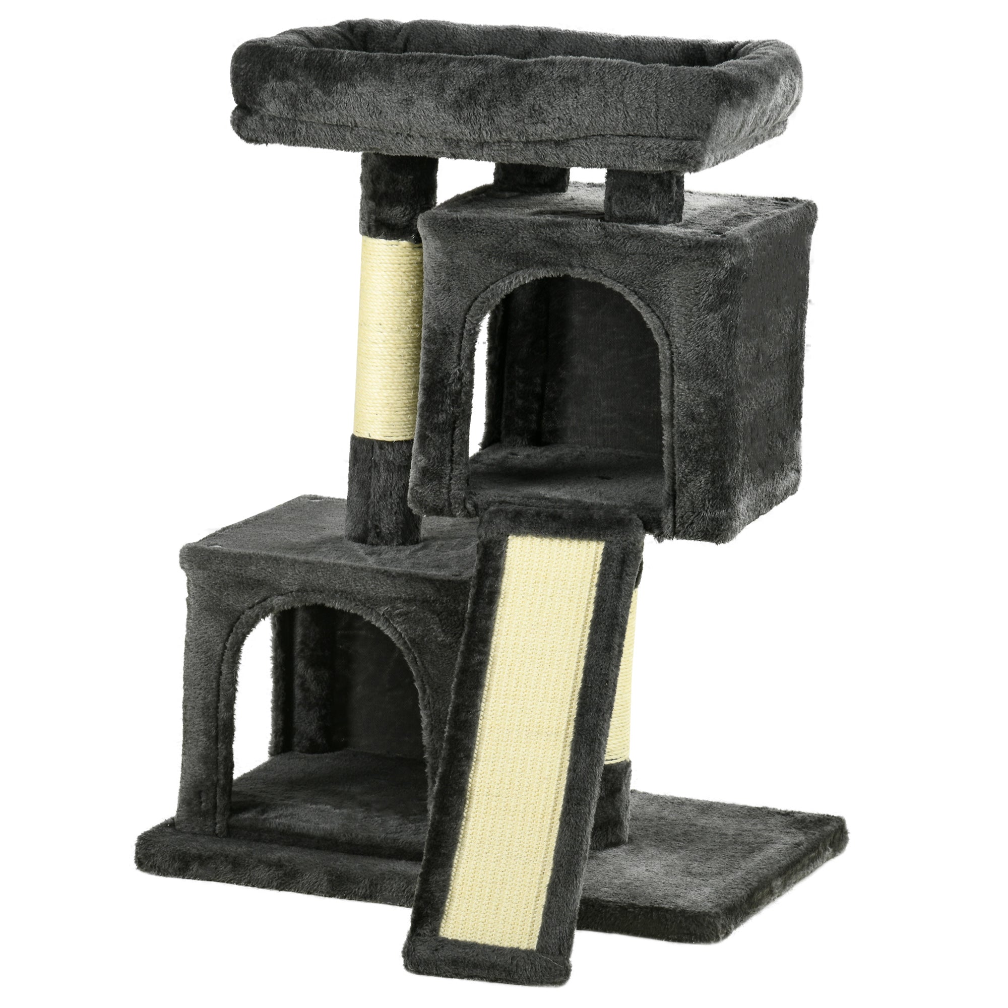 PawHut Plush Cat Tree Tower Activity Center with Sisal Scratching Post Scratching Board Perch Condo, Dark Grey