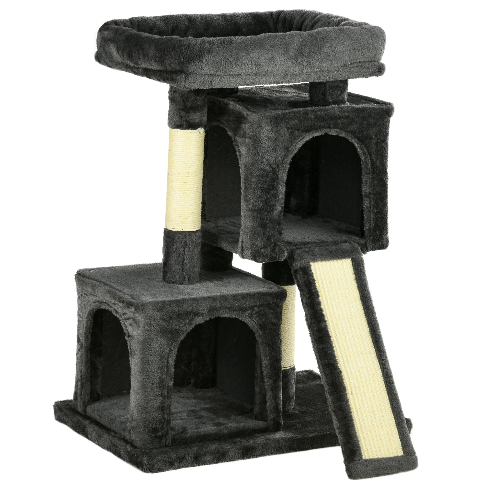 PawHut Plush Cat Tree Tower Activity Center with Sisal Scratching Post Scratching Board Perch Condo, Dark Grey