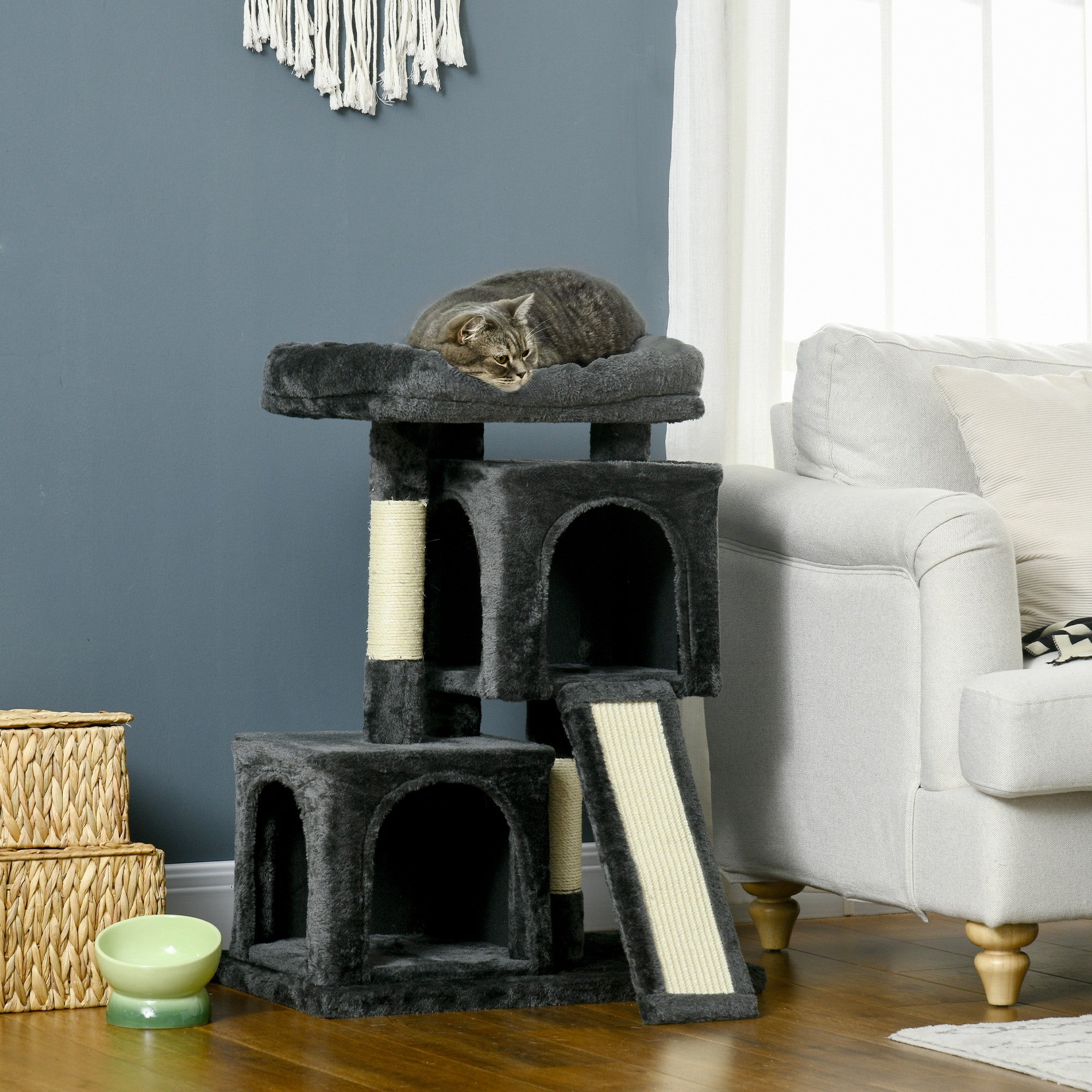 PawHut Plush Cat Tree Tower Activity Center with Sisal Scratching Post Scratching Board Perch Condo, Dark Grey