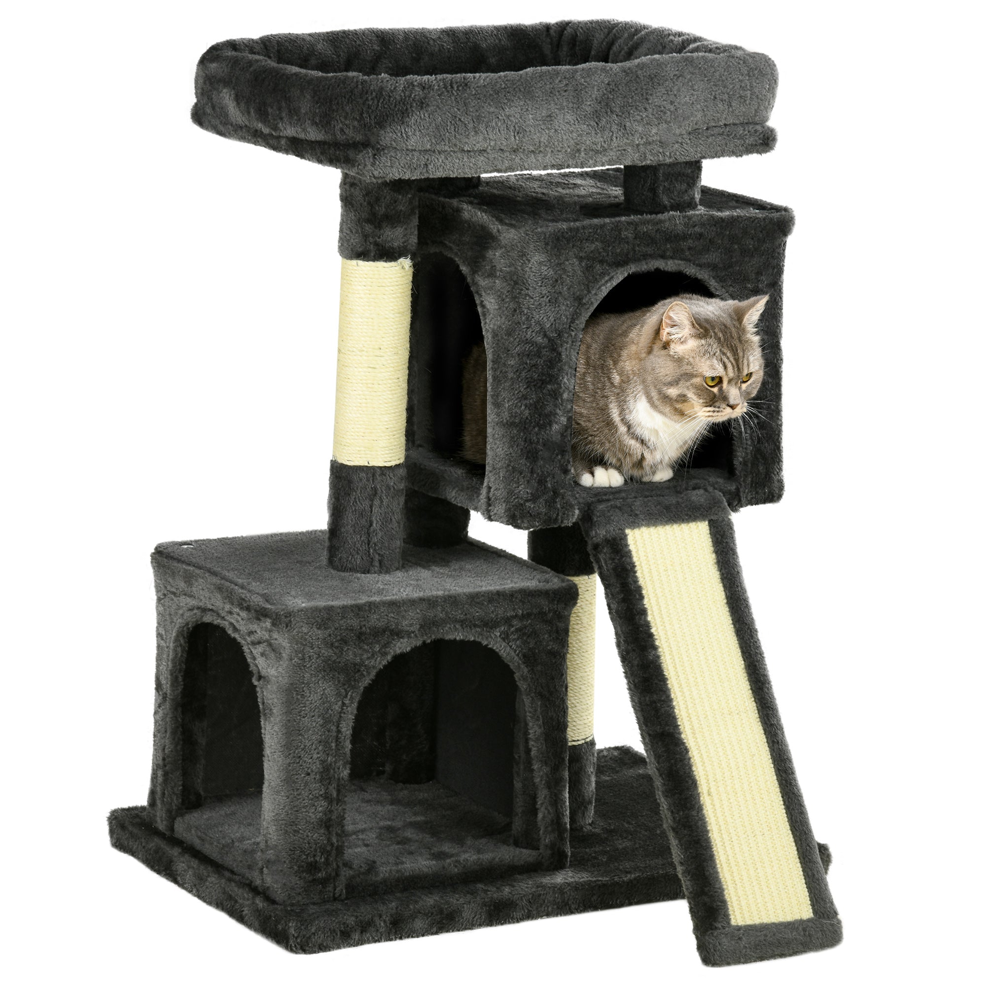 PawHut Plush Cat Tree Tower Activity Center with Sisal Scratching Post Scratching Board Perch Condo, Dark Grey