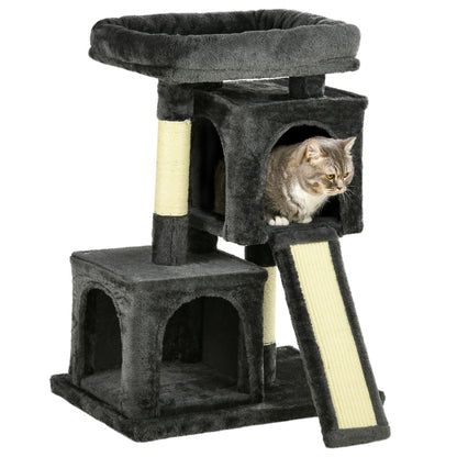 PawHut Plush Cat Tree Tower Activity Center with Sisal Scratching Post Scratching Board Perch Condo, Dark Grey
