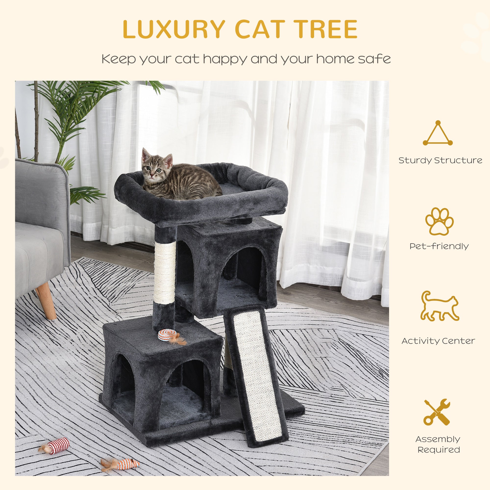 PawHut Plush Cat Tree Tower Activity Center with Sisal Scratching Post Scratching Board Perch Condo, Dark Grey