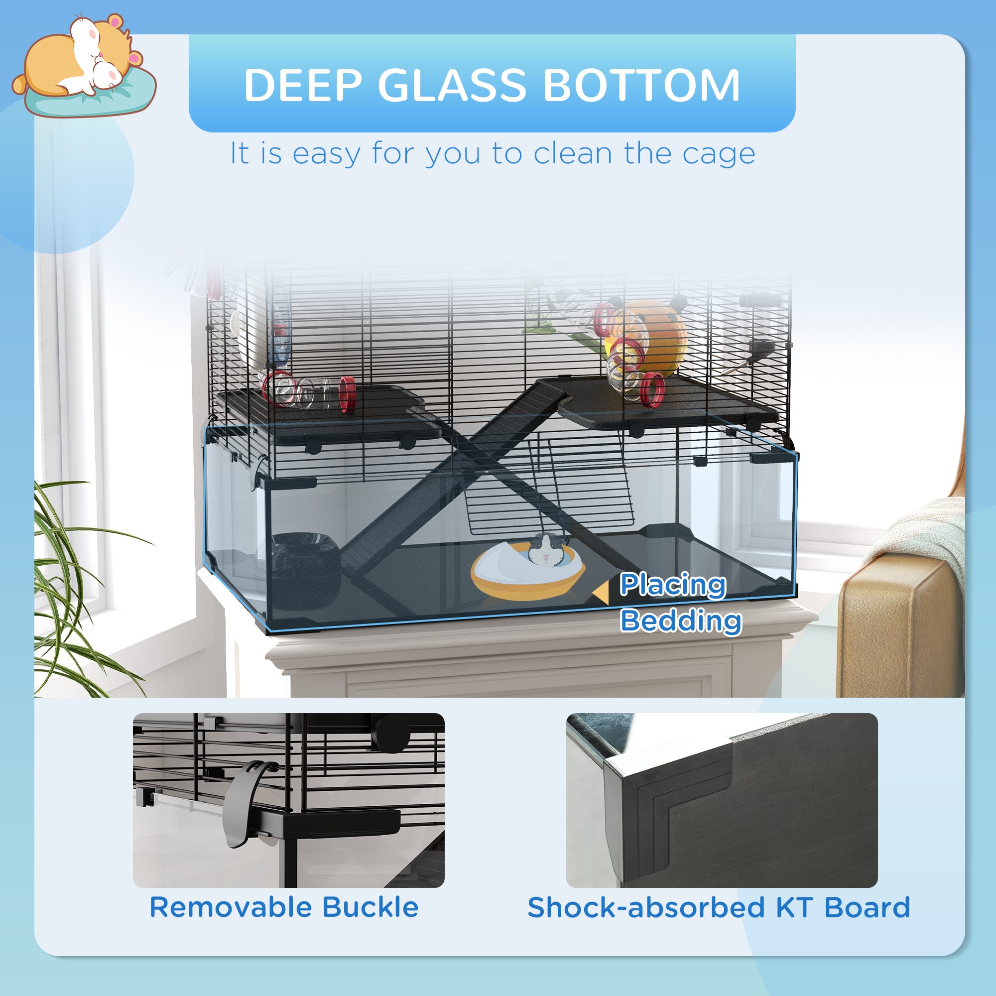 PawHut Large Hamster Cage, Gerbil Cage with Deep Glass Bottom, Tunnels, Non-Slip Ramps, Exercise Wheels, Water Bottle, Dish, 78.5 x 48.5 x 57cm
