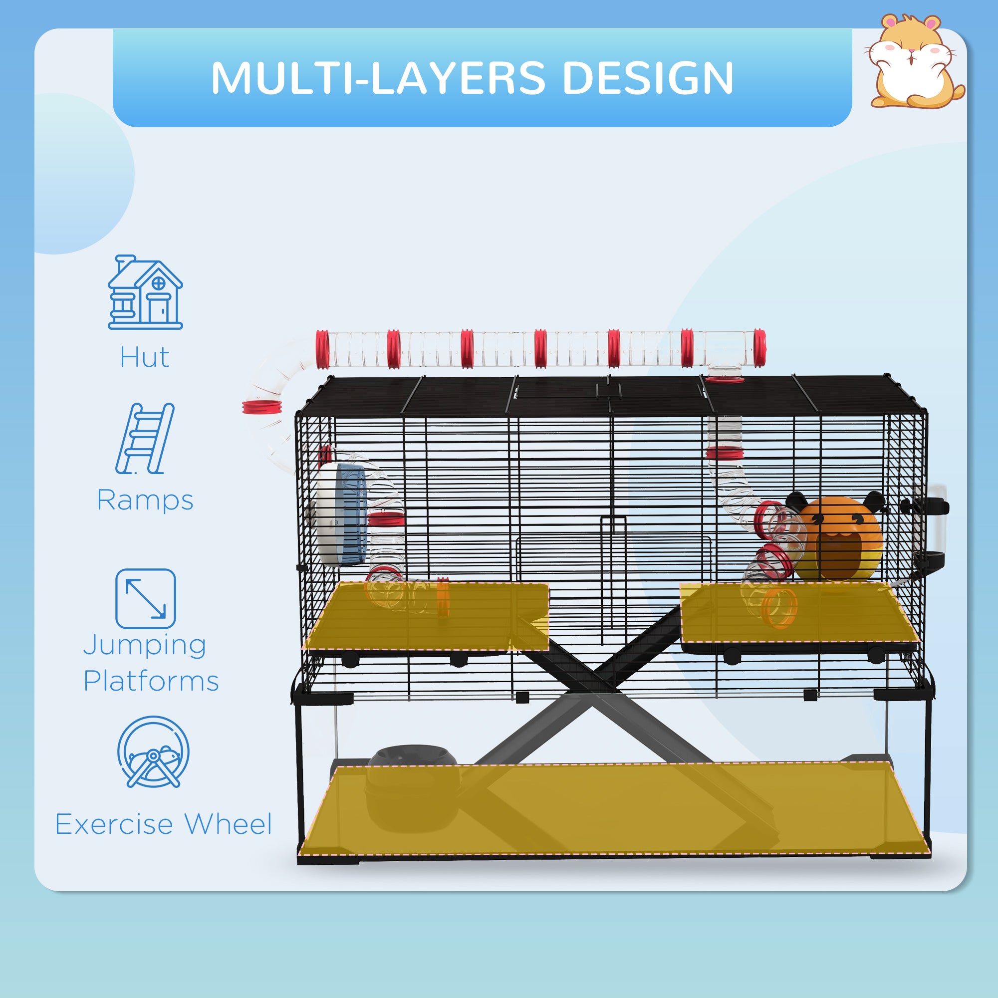 PawHut Large Hamster Cage, Gerbil Cage with Deep Glass Bottom, Tunnels, Non-Slip Ramps, Exercise Wheels, Water Bottle, Dish, 78.5 x 48.5 x 57cm