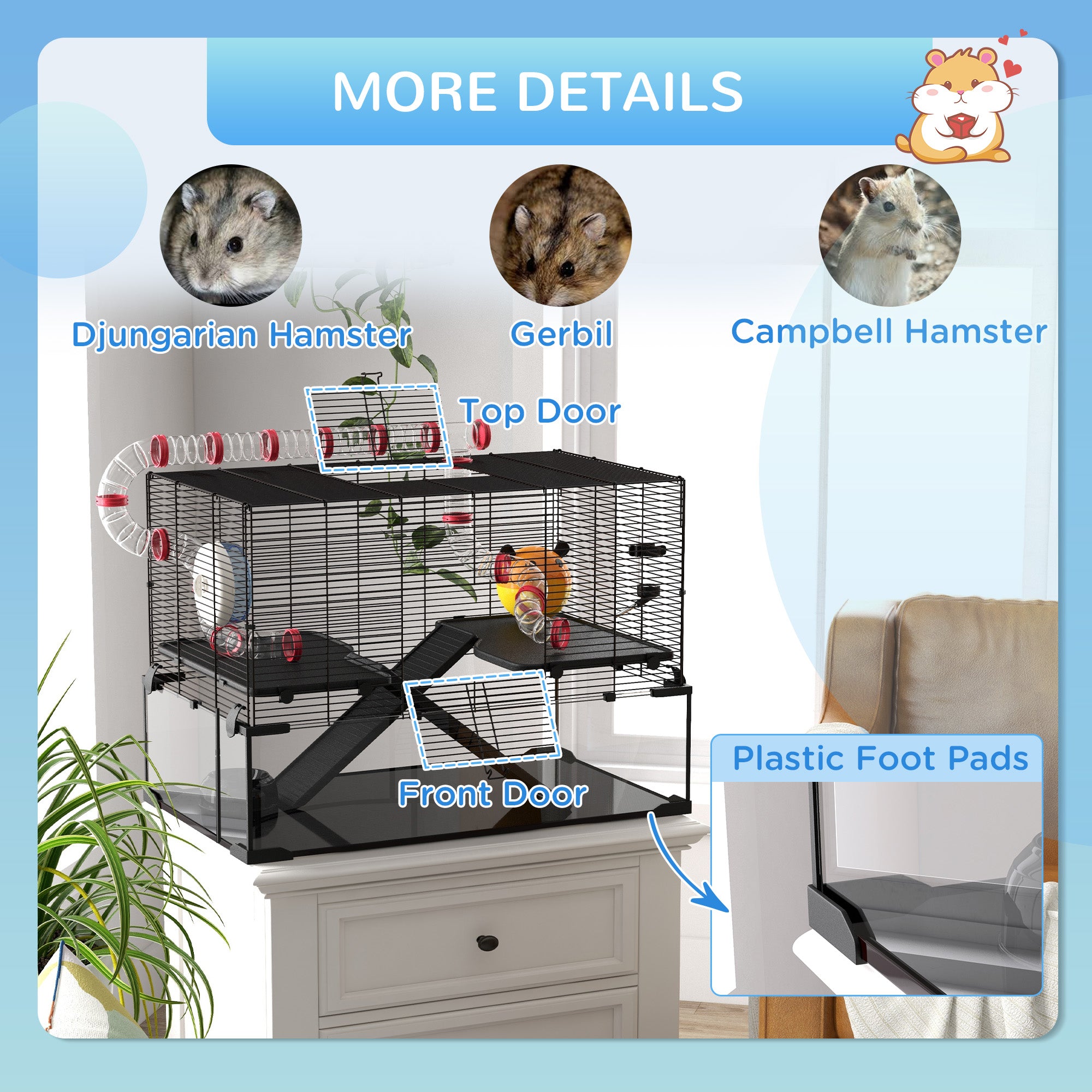 PawHut Large Hamster Cage, Gerbil Cage with Deep Glass Bottom, Tunnels, Non-Slip Ramps, Exercise Wheels, Water Bottle, Dish, 78.5 x 48.5 x 57cm