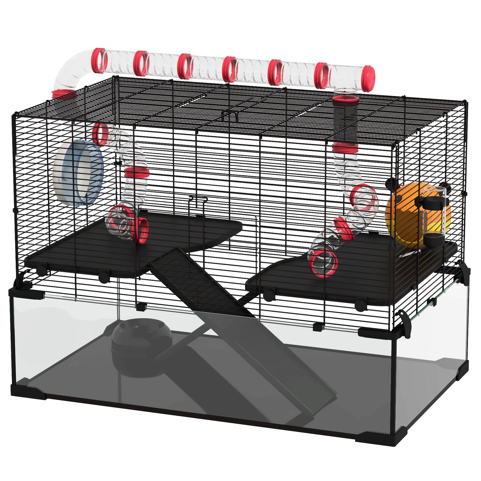 PawHut Large Hamster Cage, Gerbil Cage with Deep Glass Bottom, Tunnels, Non-Slip Ramps, Exercise Wheels, Water Bottle, Dish, 78.5 x 48.5 x 57cm