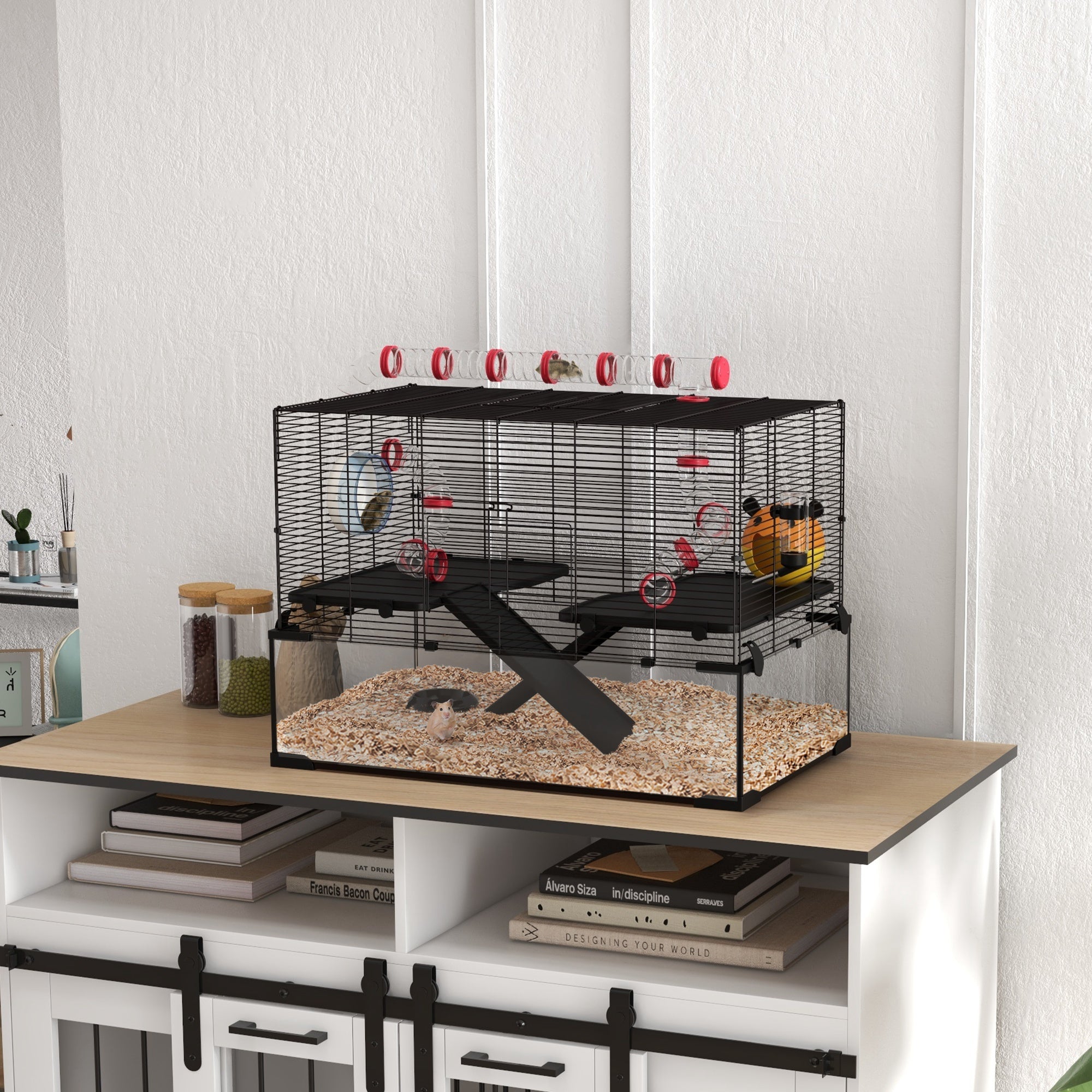 PawHut Large Hamster Cage, Gerbil Cage with Deep Glass Bottom, Tunnels, Non-Slip Ramps, Exercise Wheels, Water Bottle, Dish, 78.5 x 48.5 x 57cm