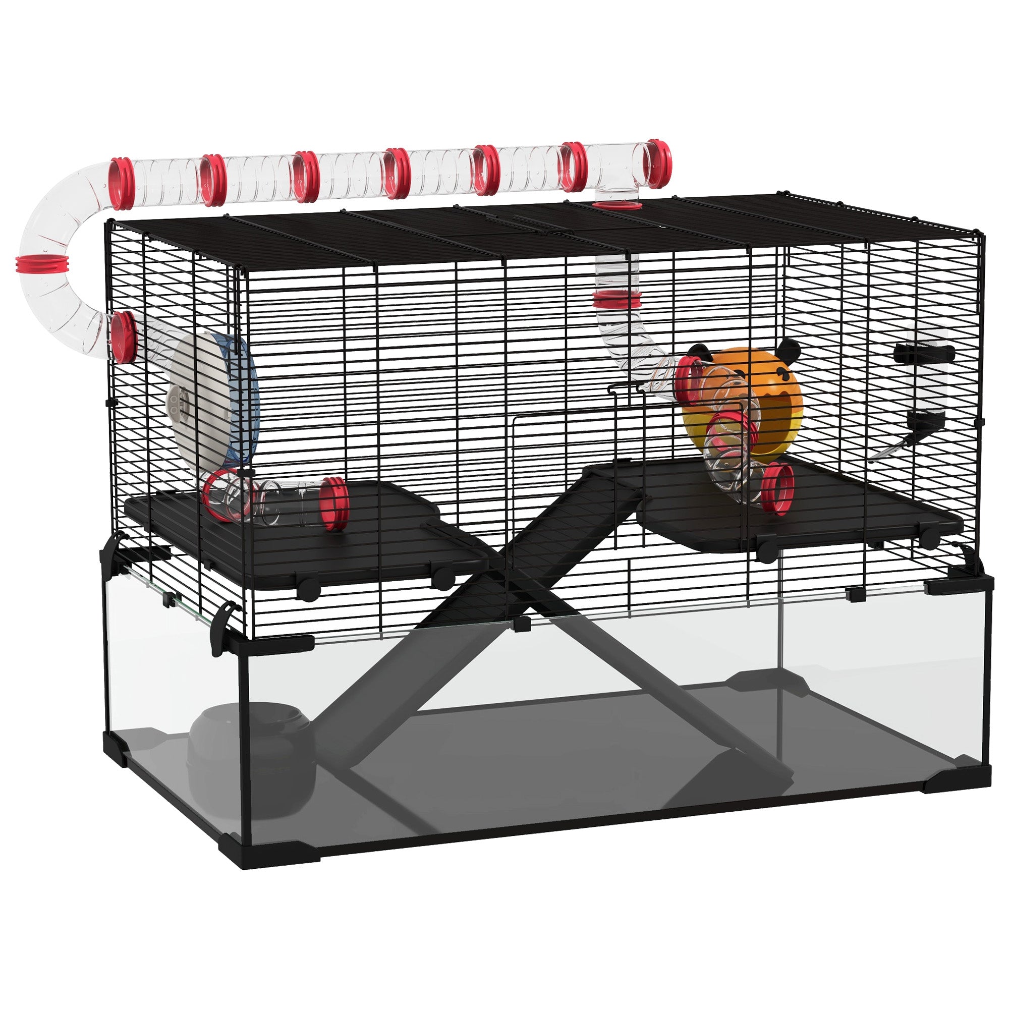 PawHut Large Hamster Cage, Gerbil Cage with Deep Glass Bottom, Tunnels, Non-Slip Ramps, Exercise Wheels, Water Bottle, Dish, 78.5 x 48.5 x 57cm