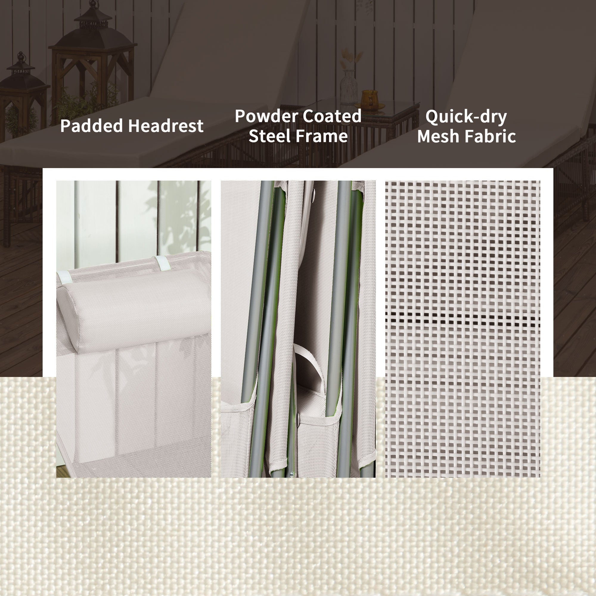 Outsunny  Set of 2 Folding Chaise Lounge Pool Chairs, Outdoor Sun Tanning Chairs with Pillow, Reclining Back, Steel Frame & Breathable Mesh for Beach, Yard, Patio, Cream White