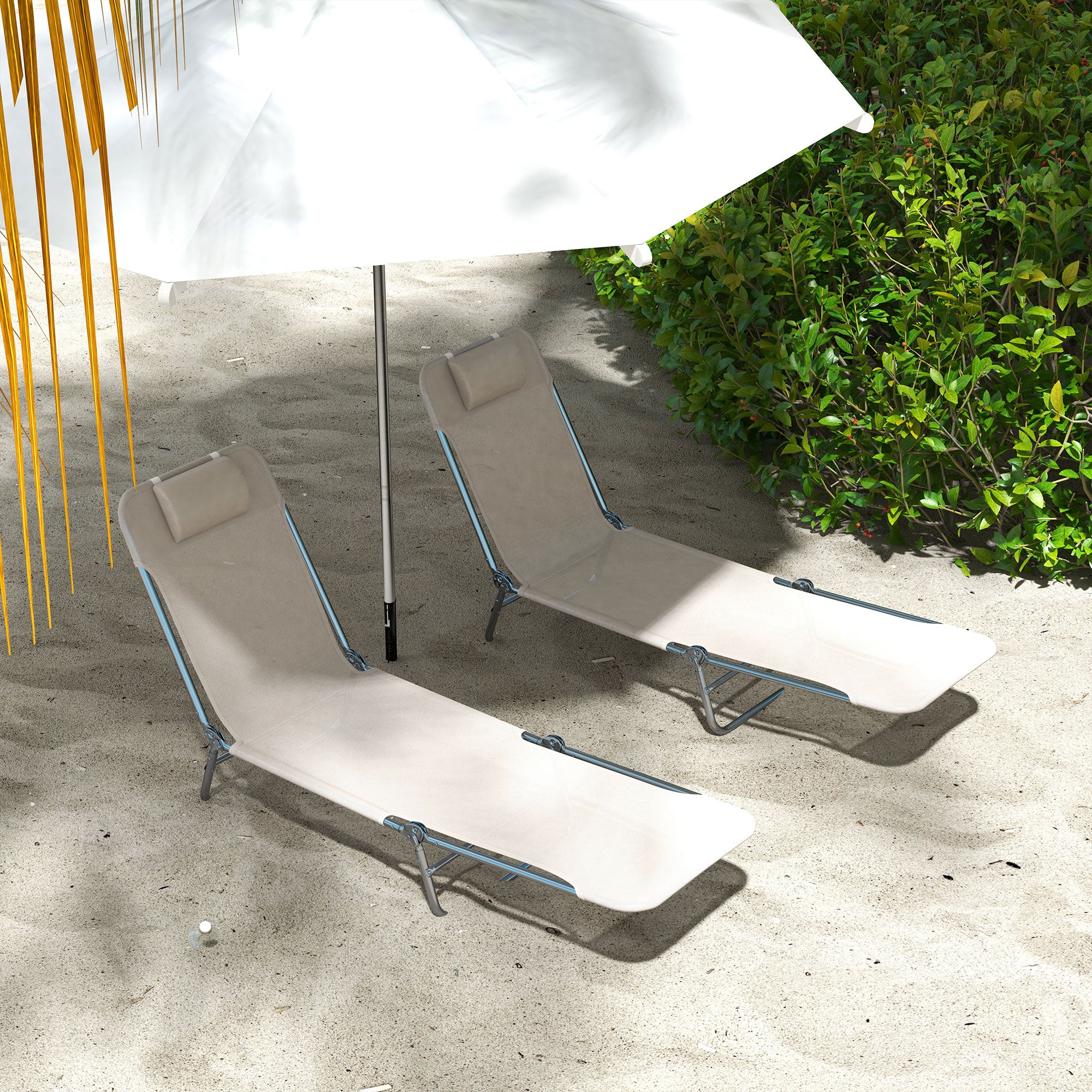 Outsunny  Set of 2 Folding Chaise Lounge Pool Chairs, Outdoor Sun Tanning Chairs with Pillow, Reclining Back, Steel Frame & Breathable Mesh for Beach, Yard, Patio, Cream White