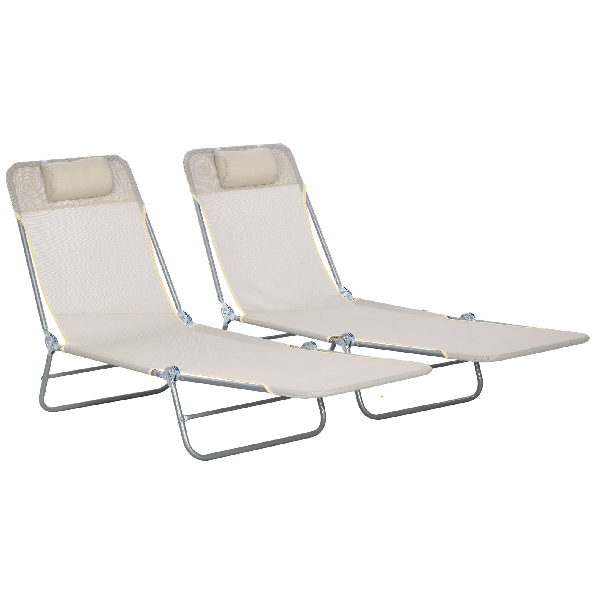 Outsunny  Set of 2 Folding Chaise Lounge Pool Chairs, Outdoor Sun Tanning Chairs with Pillow, Reclining Back, Steel Frame & Breathable Mesh for Beach, Yard, Patio, Cream White