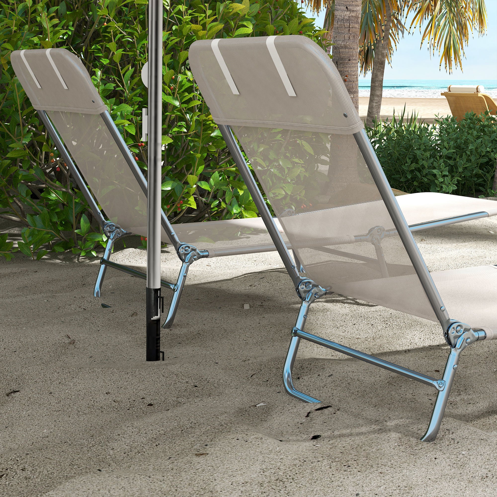 Outsunny  Set of 2 Folding Chaise Lounge Pool Chairs, Outdoor Sun Tanning Chairs with Pillow, Reclining Back, Steel Frame & Breathable Mesh for Beach, Yard, Patio, Cream White
