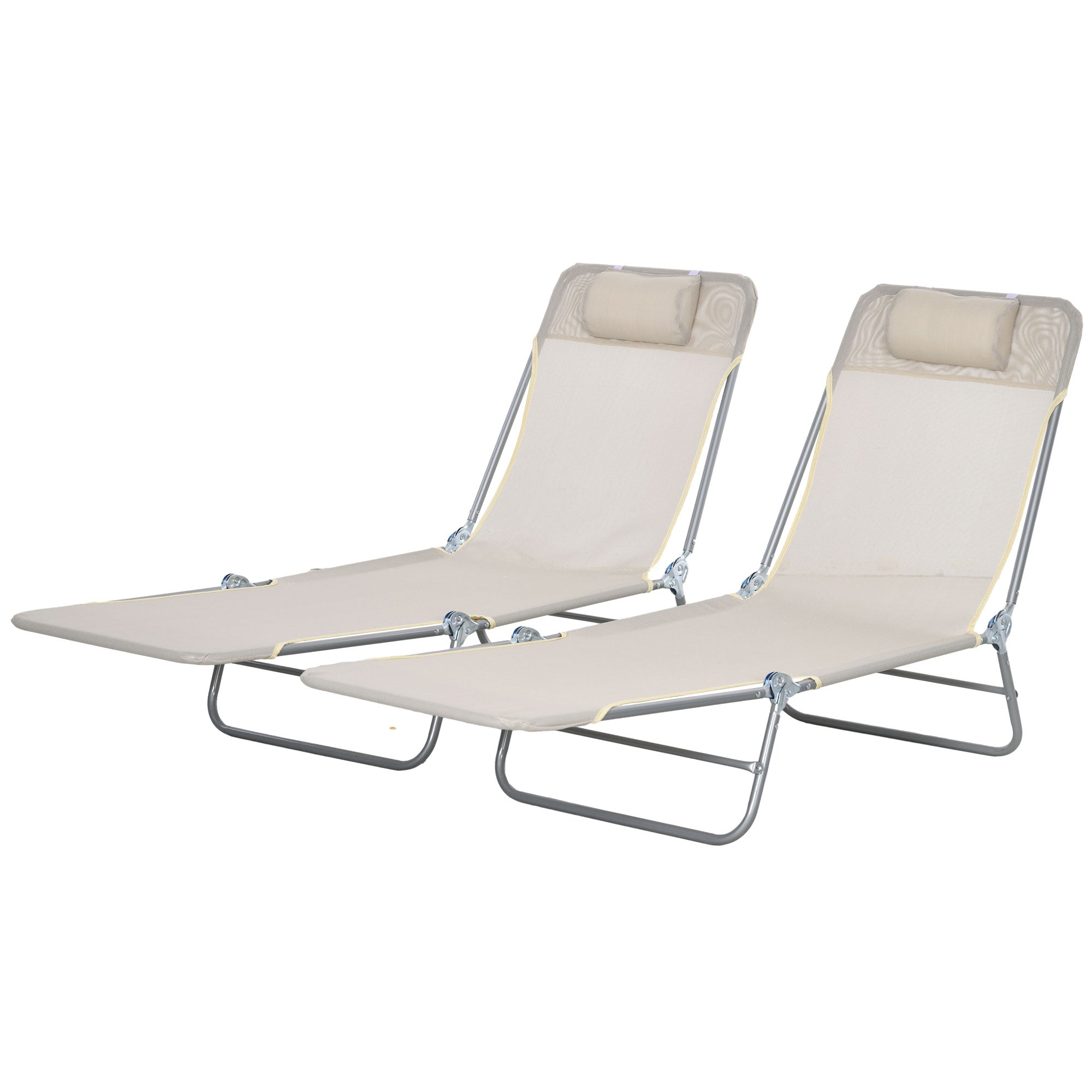 Outsunny  Set of 2 Folding Chaise Lounge Pool Chairs, Outdoor Sun Tanning Chairs with Pillow, Reclining Back, Steel Frame & Breathable Mesh for Beach, Yard, Patio, Cream White