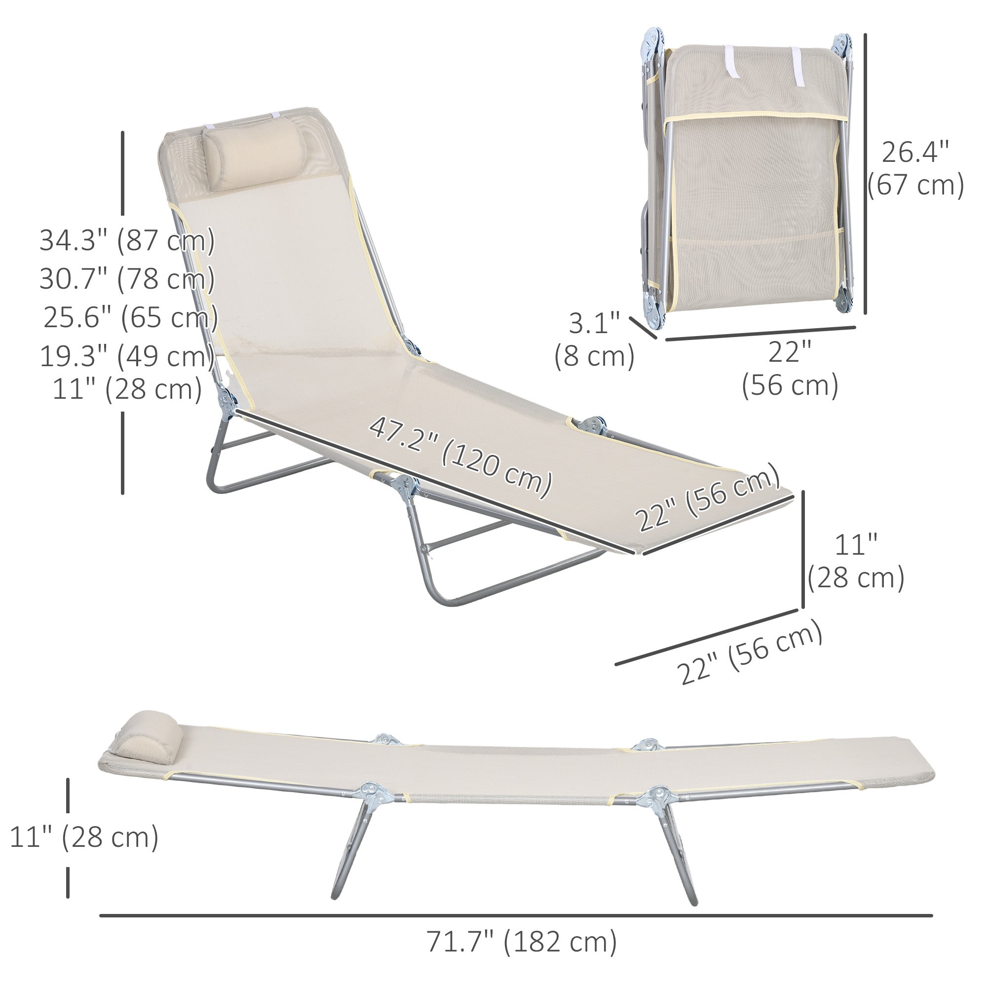 Outsunny  Set of 2 Folding Chaise Lounge Pool Chairs, Outdoor Sun Tanning Chairs with Pillow, Reclining Back, Steel Frame & Breathable Mesh for Beach, Yard, Patio, Cream White