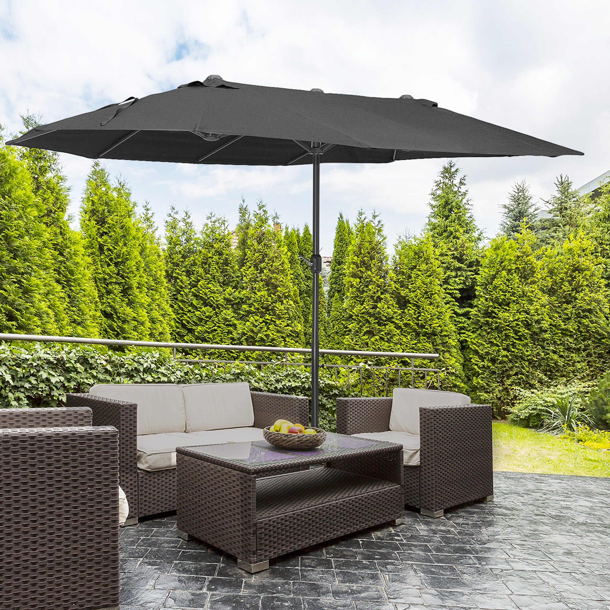 Outsunny 15ft Double-sided Patio Umbrella with Twin Canopy, Extra Large Outdoor Parasol with Crank for Pool, Deck, Market, Black