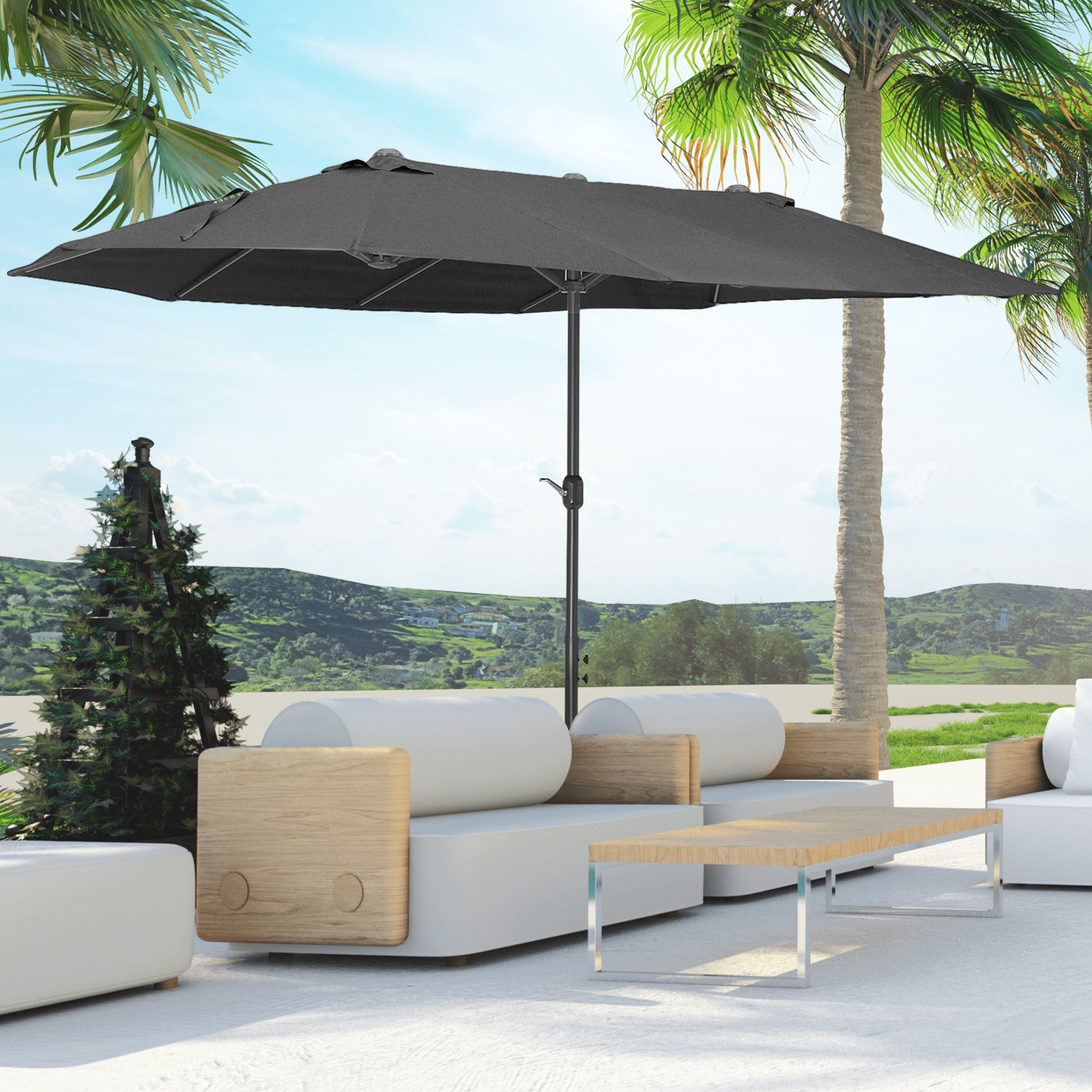Outsunny 15ft Double-sided Patio Umbrella with Twin Canopy, Extra Large Outdoor Parasol with Crank for Pool, Deck, Market, Black