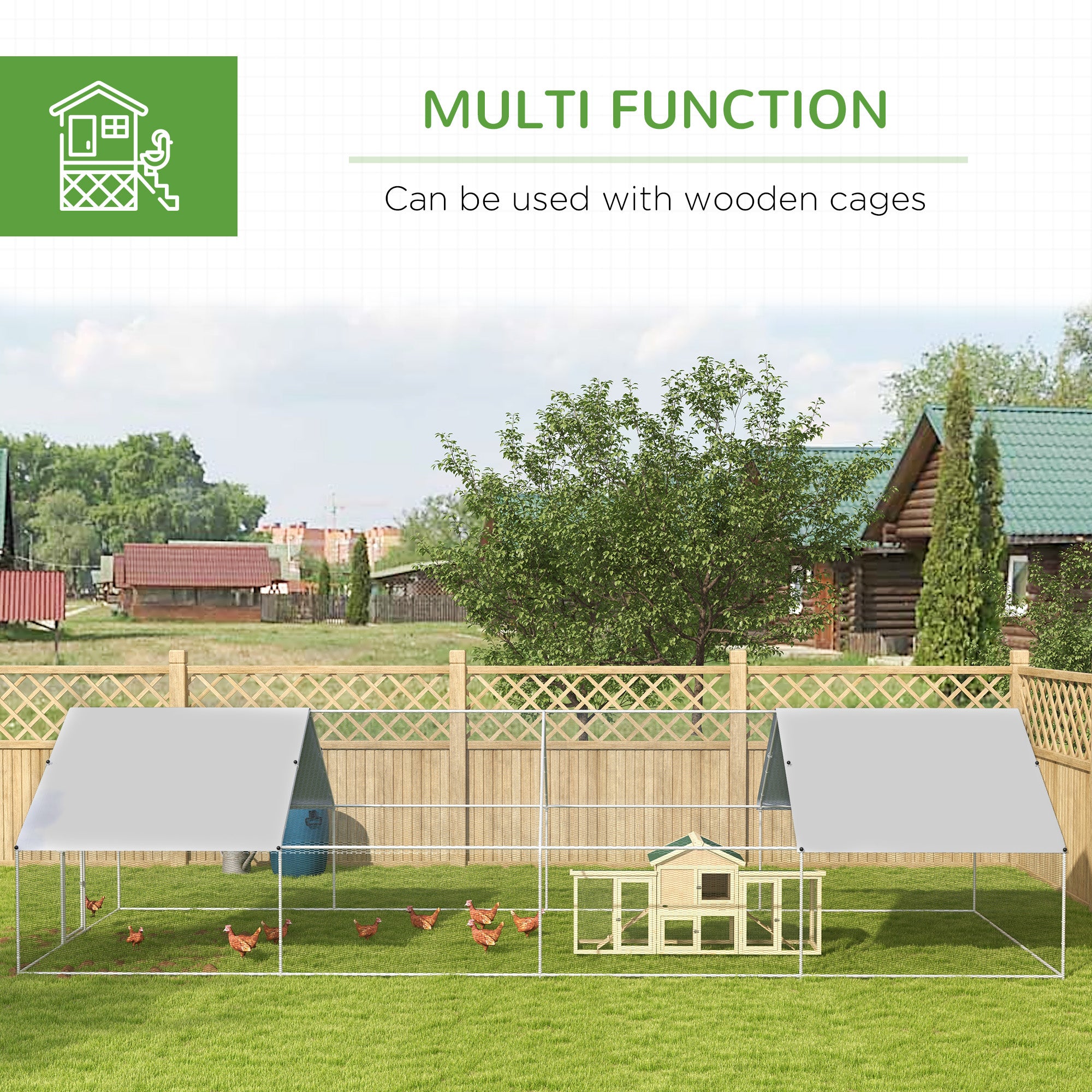 PawHut Chicken Run Walk-In Metal Chicken Coop, 3 Rooms Galvanized Poultry Cage Outdoor with Waterproof UV-Protection Cover for Rabbits, Ducks, 9.8' x 26.2'