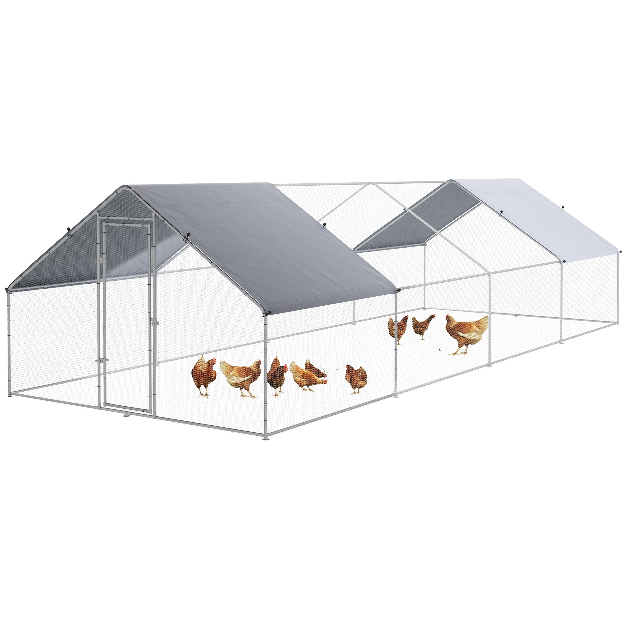 PawHut Chicken Run Walk-In Metal Chicken Coop, 3 Rooms Galvanized Poultry Cage Outdoor with Waterproof UV-Protection Cover for Rabbits, Ducks, 9.8' x 26.2'