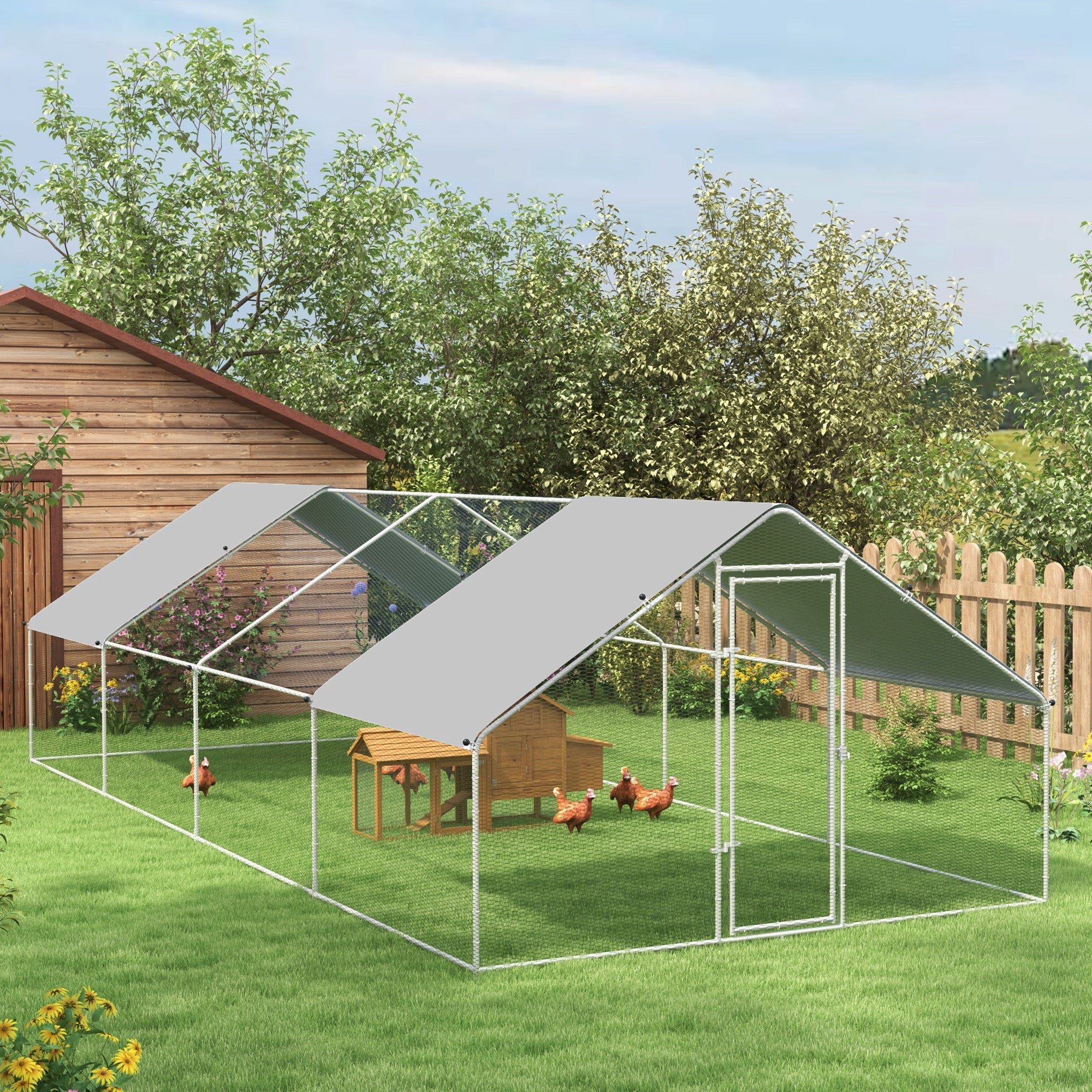PawHut Chicken Run Walk-In Metal Chicken Coop, 3 Rooms Galvanized Poultry Cage Outdoor with Waterproof UV-Protection Cover for Rabbits, Ducks, 9.8' x 26.2'