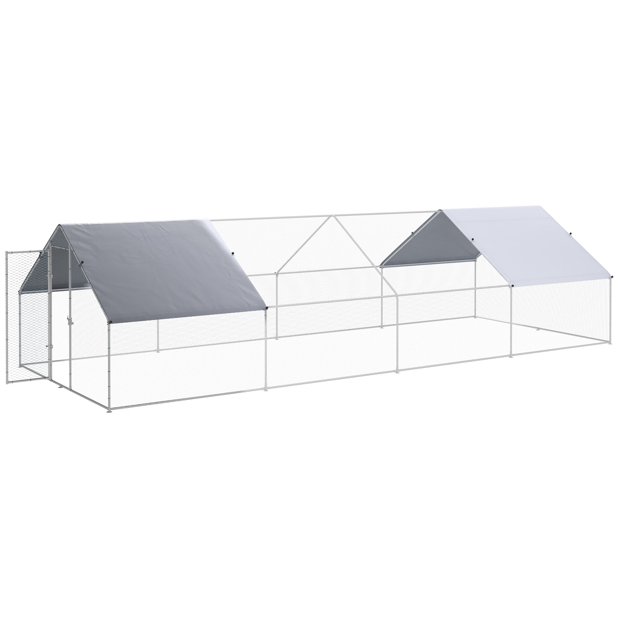 PawHut Chicken Run Walk-In Metal Chicken Coop, 3 Rooms Galvanized Poultry Cage Outdoor with Waterproof UV-Protection Cover for Rabbits, Ducks, 9.8' x 26.2'