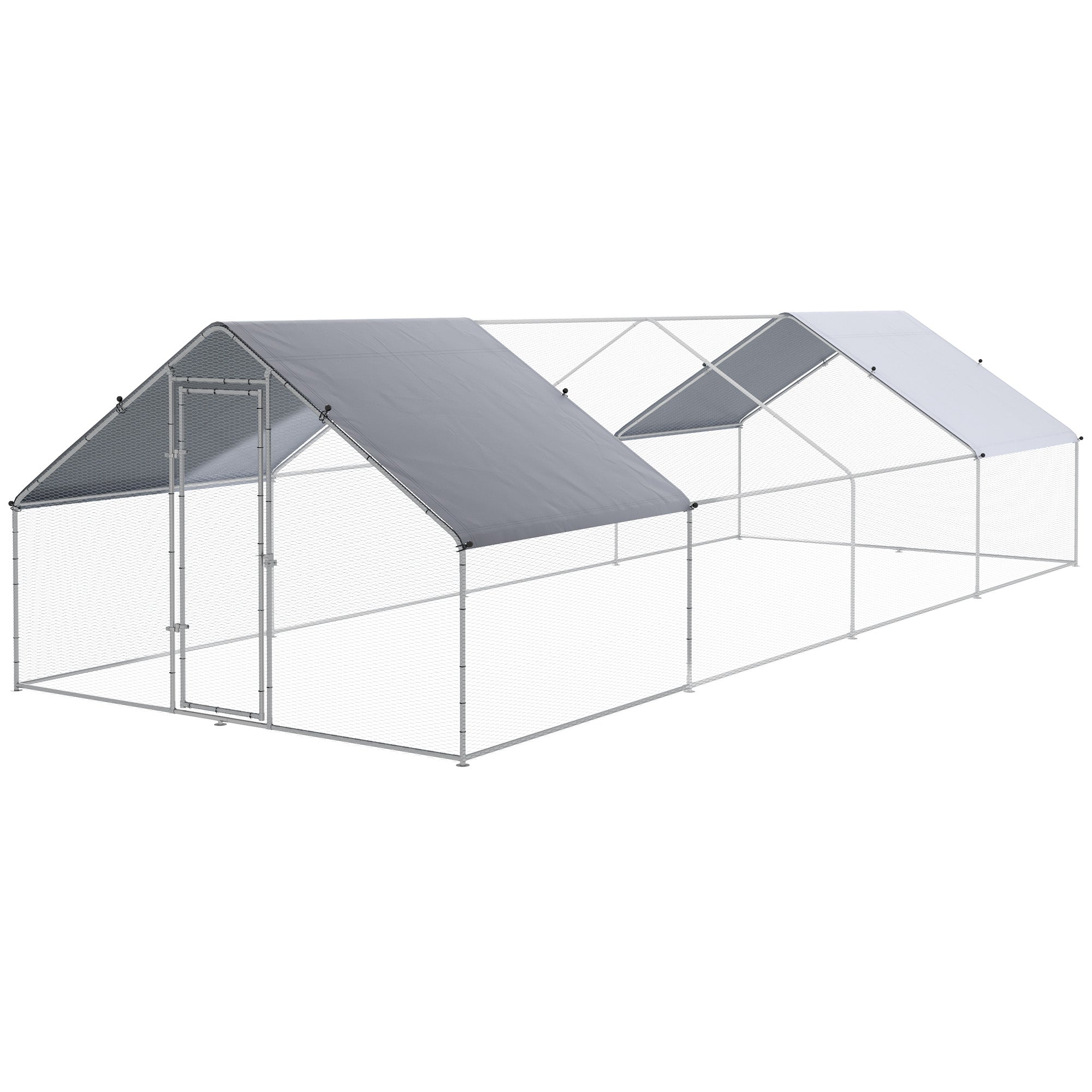 PawHut Chicken Run Walk-In Metal Chicken Coop, 3 Rooms Galvanized Poultry Cage Outdoor with Waterproof UV-Protection Cover for Rabbits, Ducks, 9.8' x 26.2'