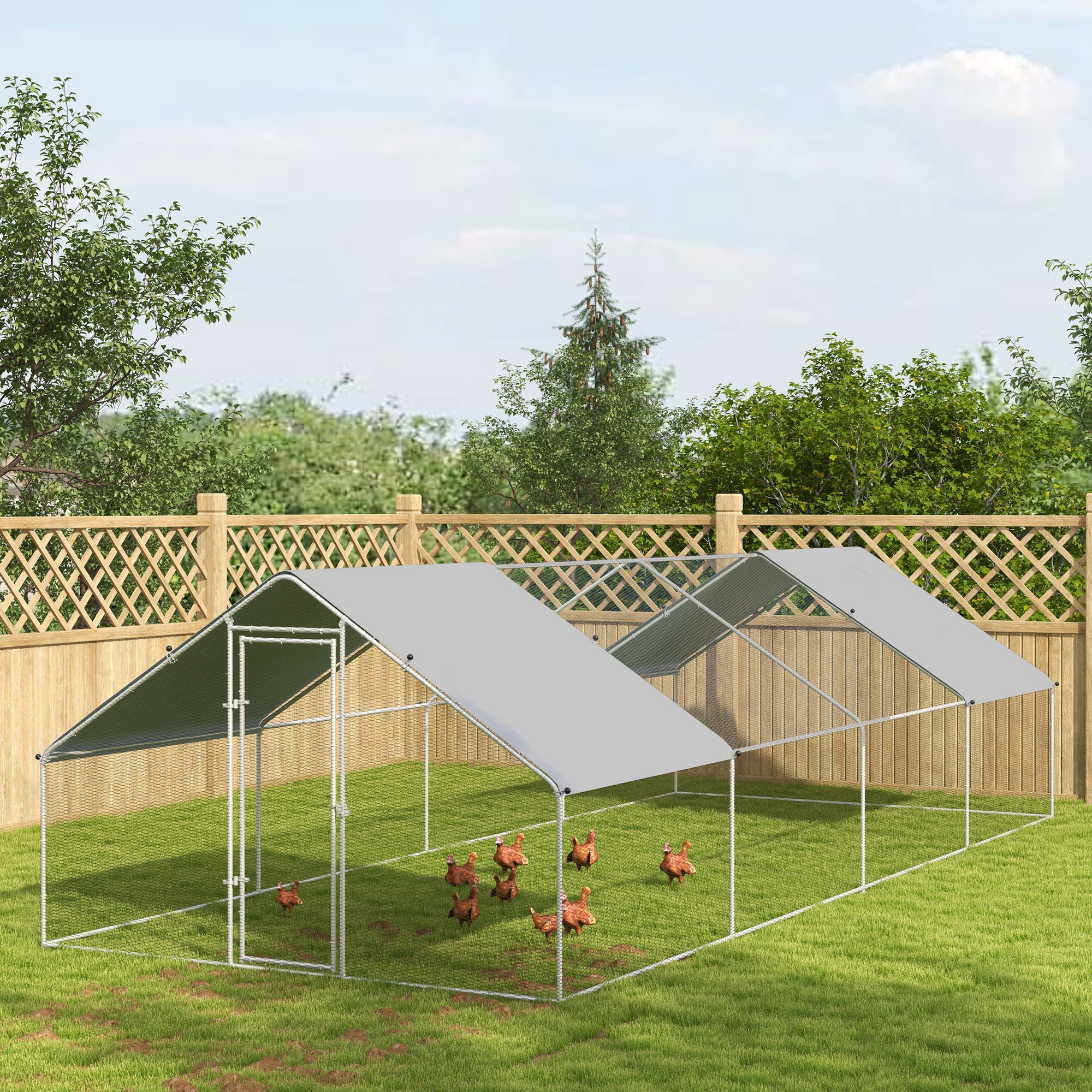 PawHut Chicken Run Walk-In Metal Chicken Coop, 3 Rooms Galvanized Poultry Cage Outdoor with Waterproof UV-Protection Cover for Rabbits, Ducks, 9.8' x 26.2'