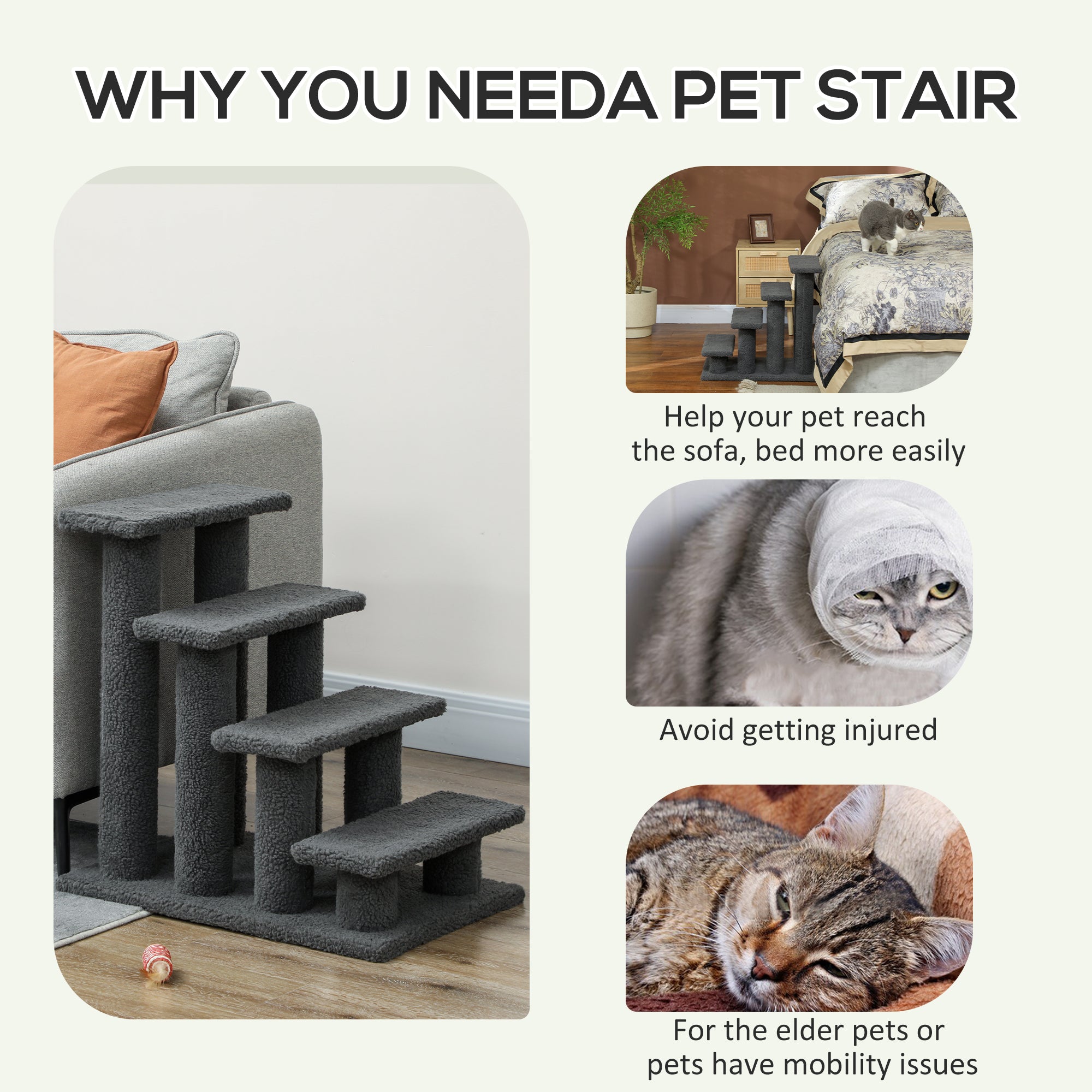 PawHut 4-Step Multi-Level Carpeted Cat Scratching Post Pet Stairs, Dark Grey
