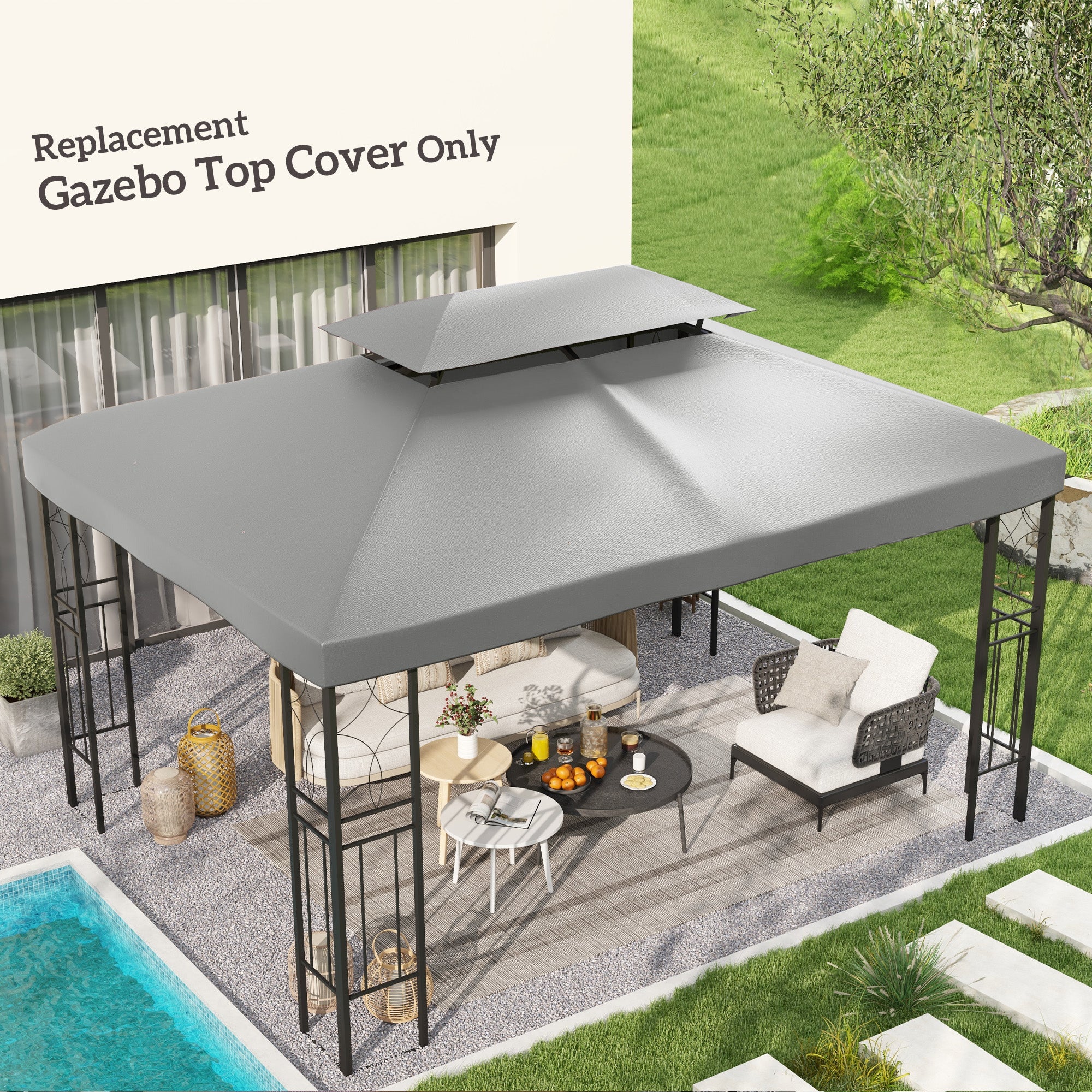 Outsunny 13.1' x 9.8' Gazebo Replacement Canopy 2 Tier Top UV Cover Pavilion Garden Patio Outdoor, Light Grey (TOP ONLY)