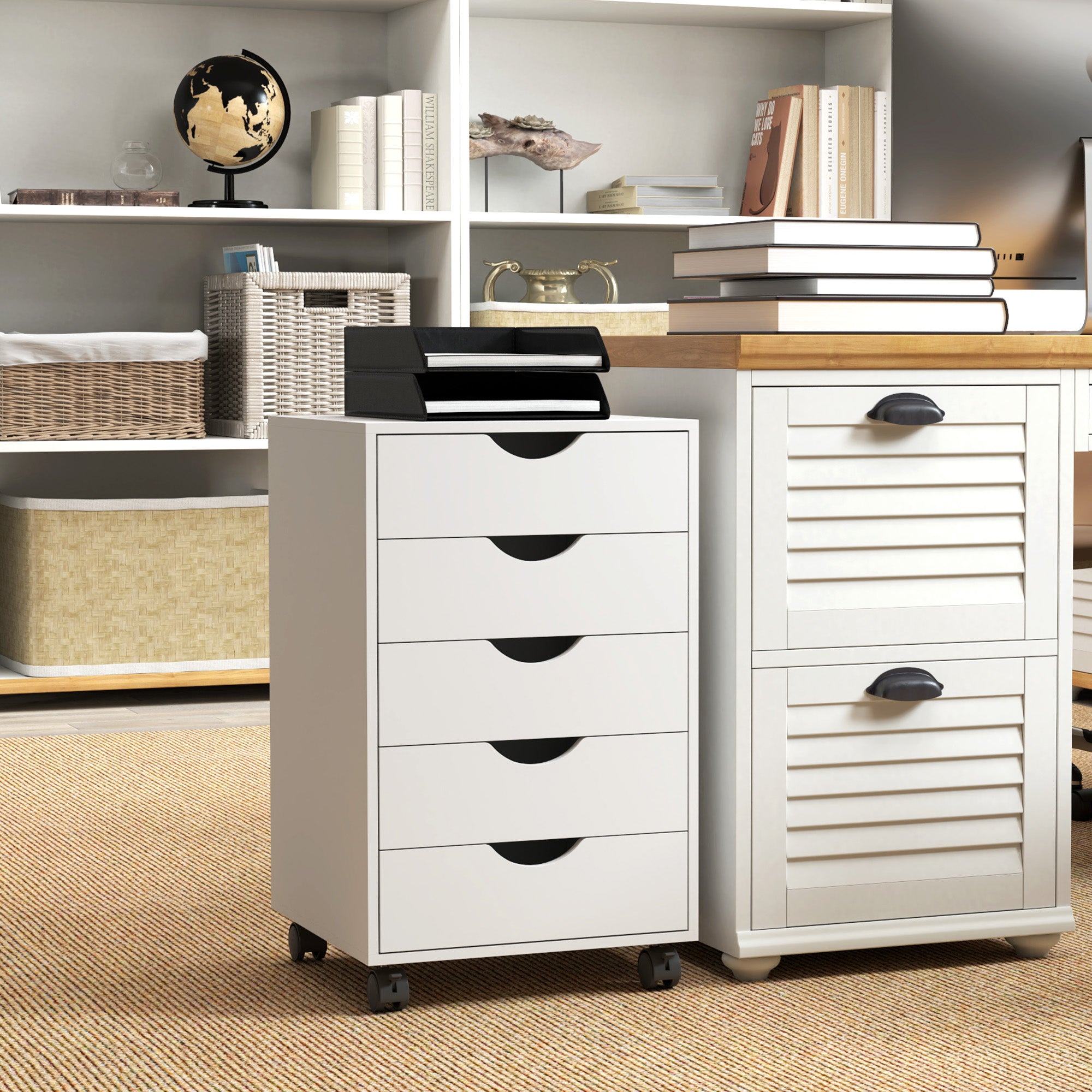 HOMCOM 5 Drawer Mobile File Cabinet, Rolling Printer Stand, Modern Vertical Filing Cabinet for Home Office, White