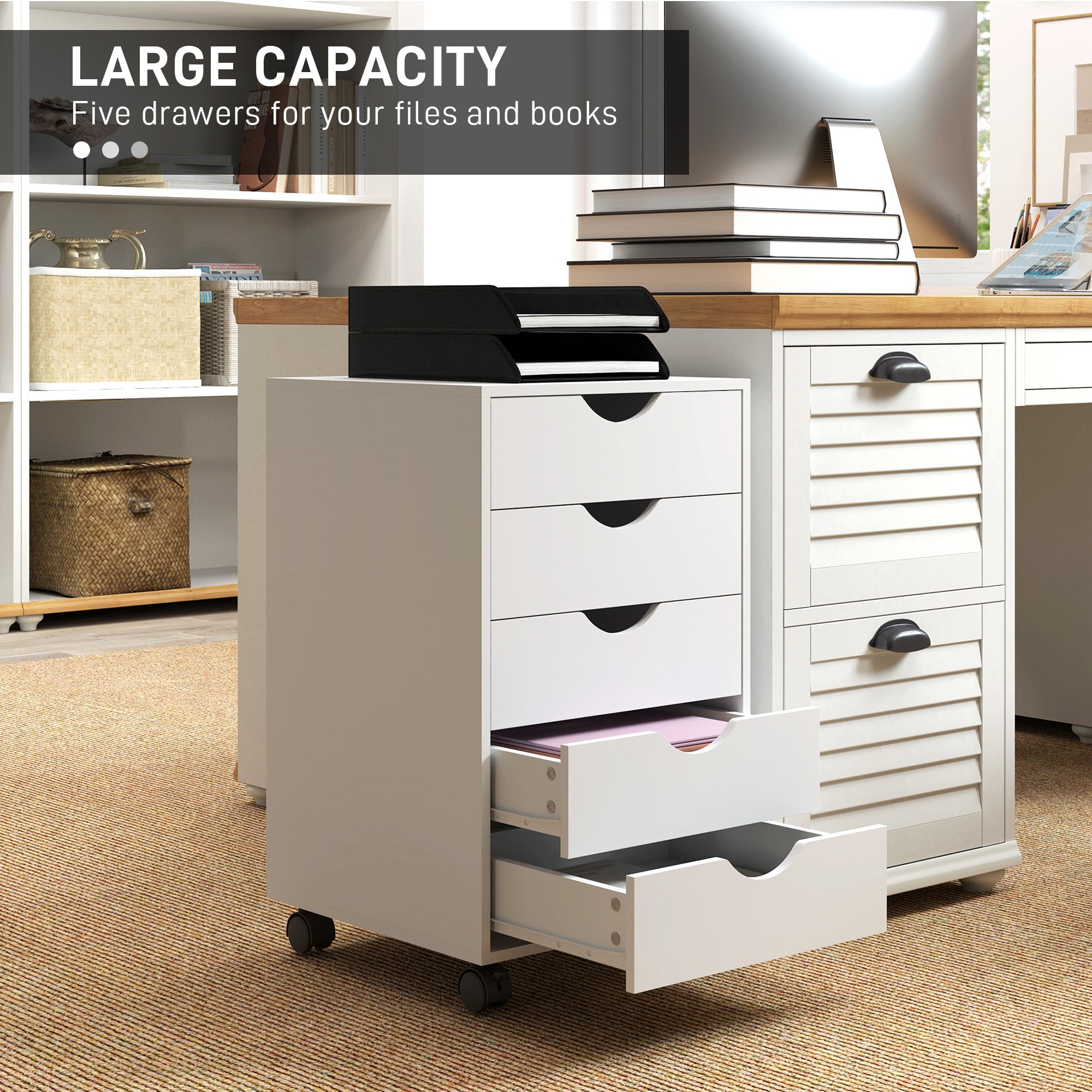 HOMCOM 5 Drawer Mobile File Cabinet, Rolling Printer Stand, Modern Vertical Filing Cabinet for Home Office, White