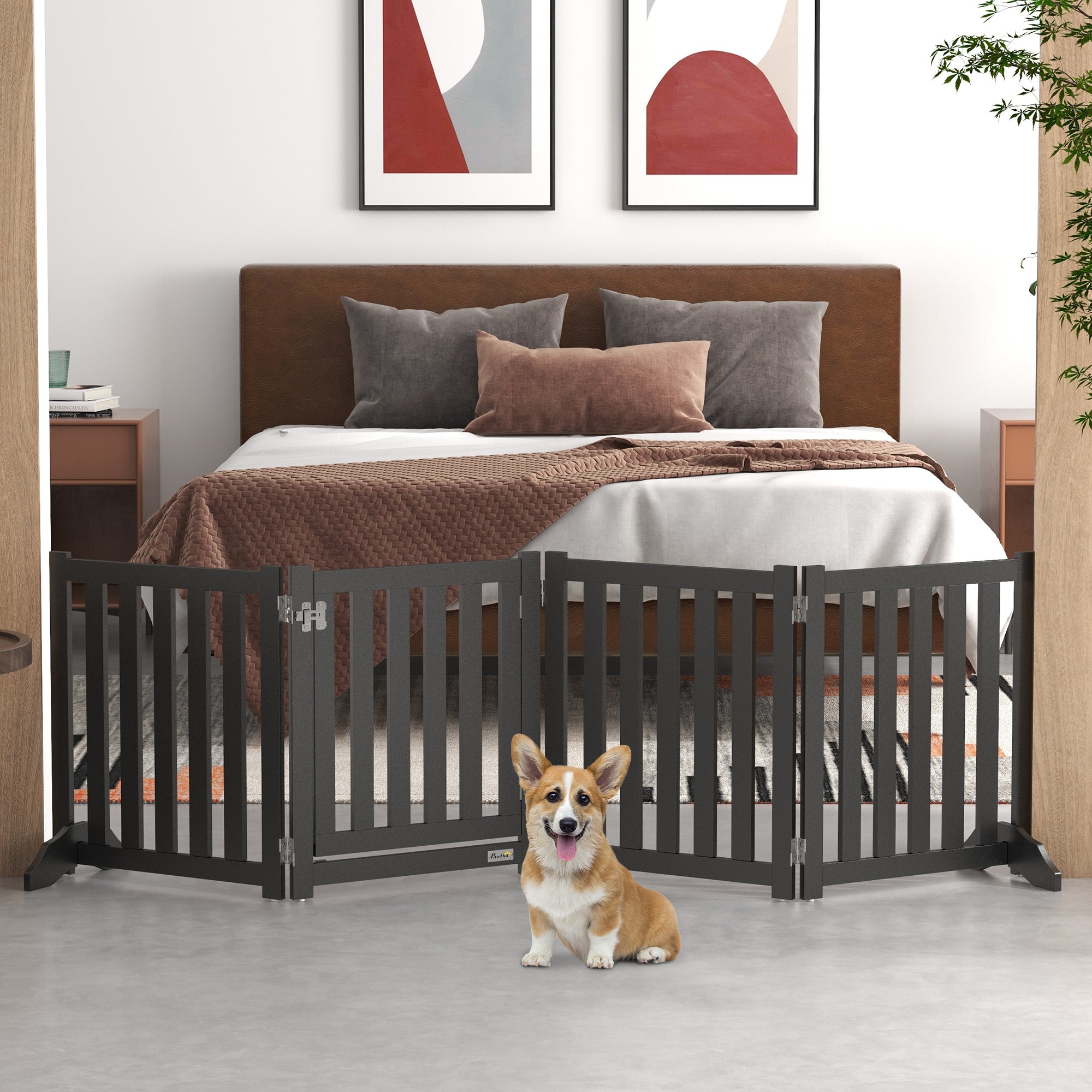 PawHut Foldable Dog Gate with Door, 4 Panels Freestanding Pet Gate with Support Feet Indoor Playpen for Small Dogs and Below, Black