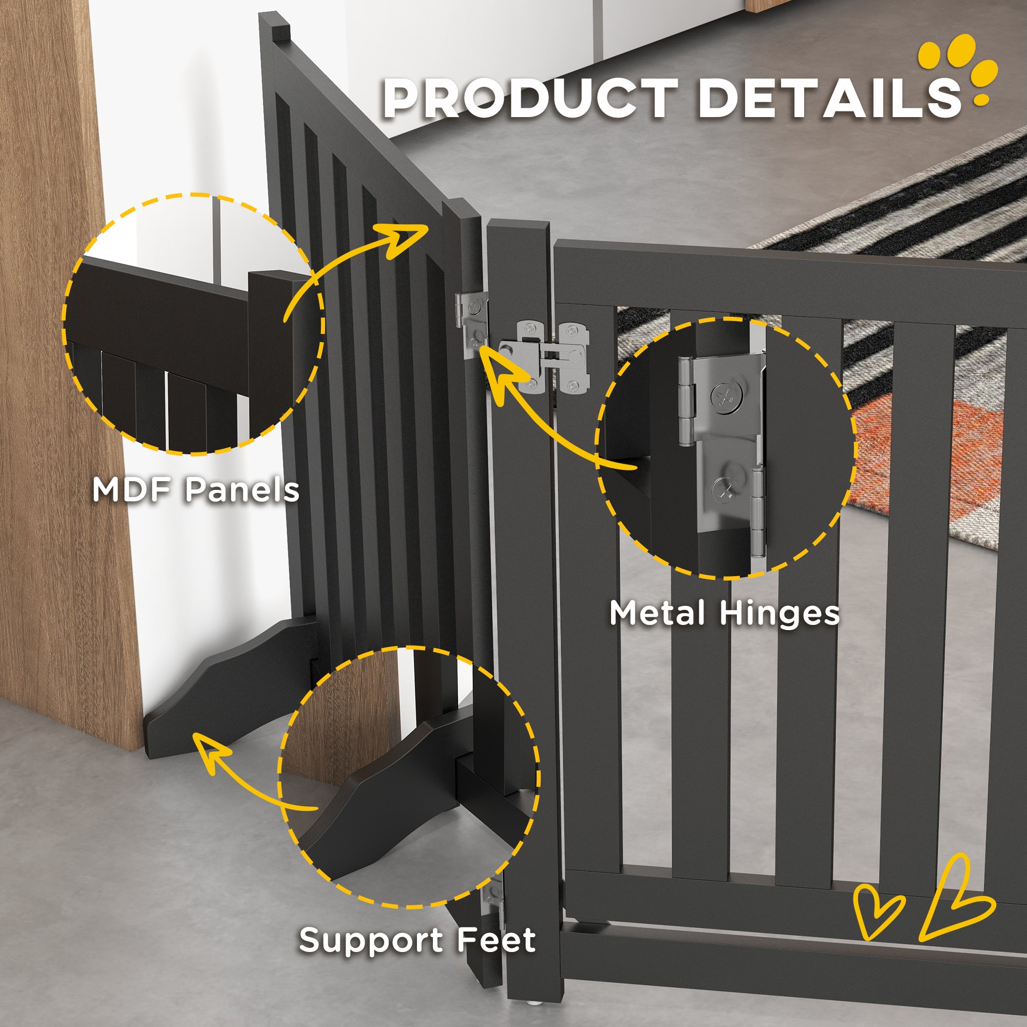 PawHut Foldable Dog Gate with Door, 4 Panels Freestanding Pet Gate with Support Feet Indoor Playpen for Small Dogs and Below, Black