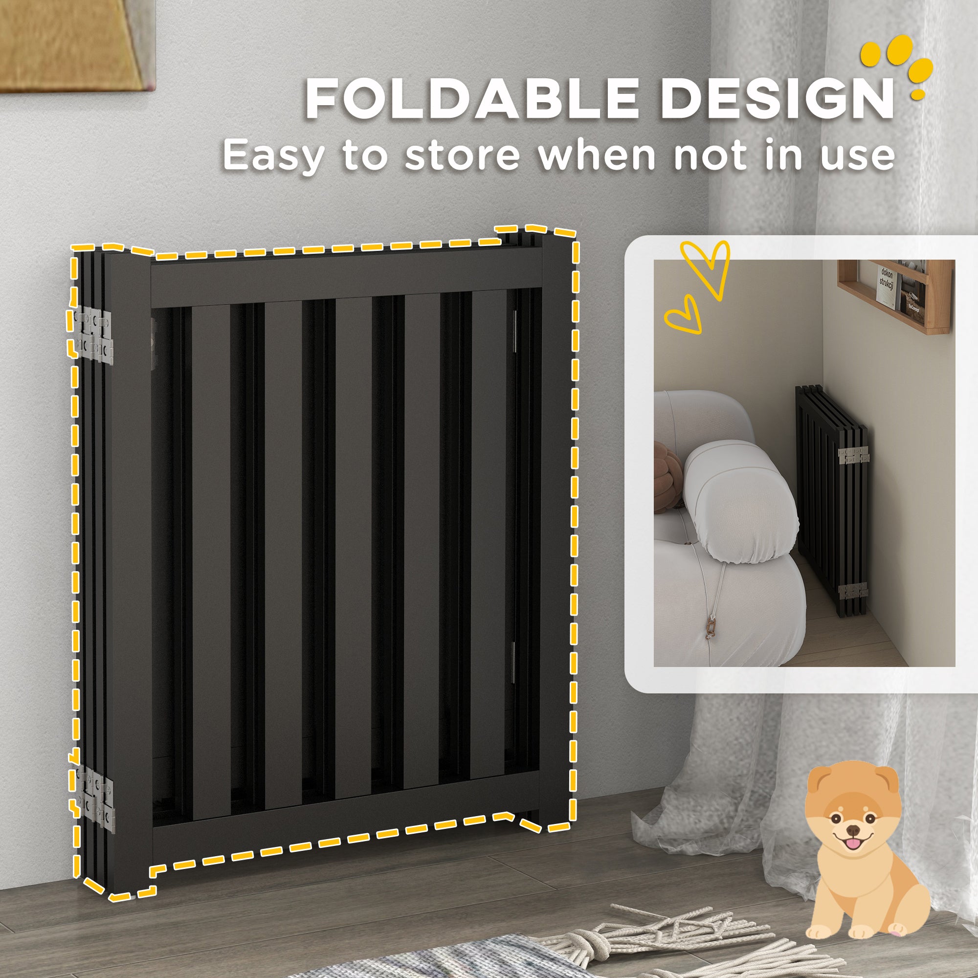 PawHut Foldable Dog Gate with Door, 4 Panels Freestanding Pet Gate with Support Feet Indoor Playpen for Small Dogs and Below, Black
